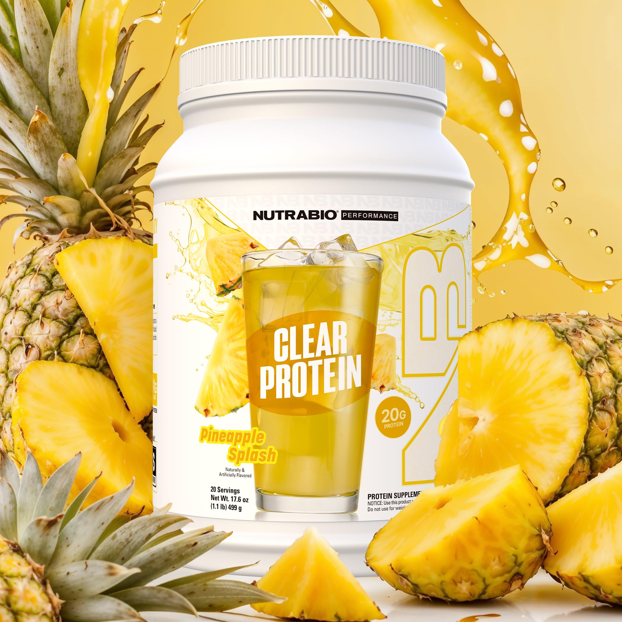 NutraBio Clear Whey Isolate Protein Powder - Pineapple Splash Flavor | Zero Sugar, No Foam, No Milky Taste | 20 Servings for Post-Workout Recovery & Healthy Lifestyle