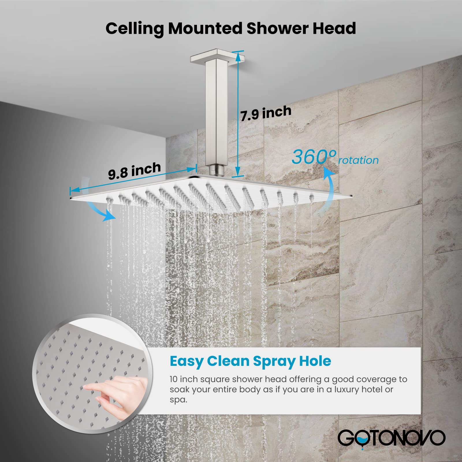 Gotonovo Luxury 10-Inch Rain Shower Combo Set - Ceiling Mount High Pressure Shower System with Handheld Spray, Brushed Nickel Finish - Perfect for Spa-Like Bathroom Renovations & Modern Home Upgrades