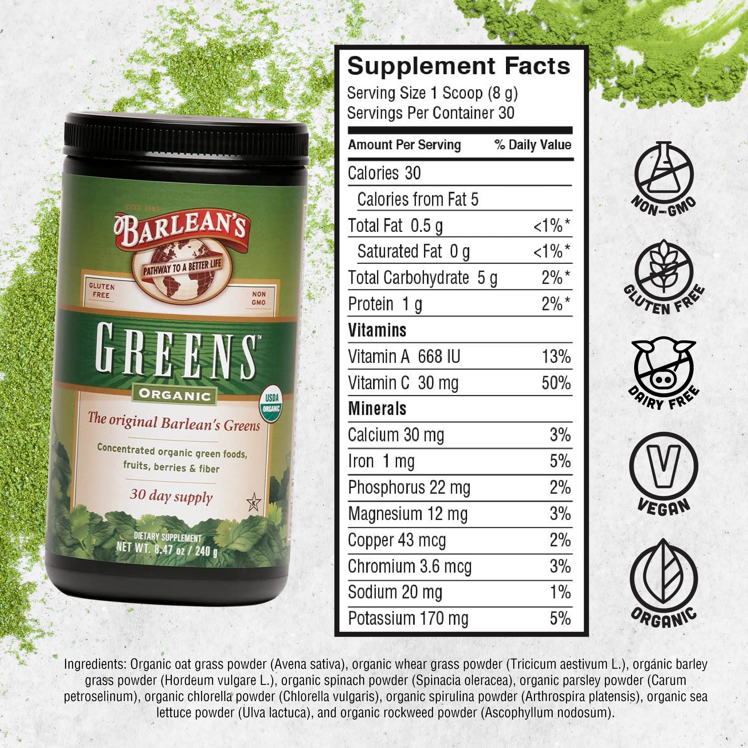 Barlean's Organic Greens Powder Superfood Supplement with Fruits, Veggies, Green Protein, Probiotics & Fiber - Boosts Athletic Endurance & Daily Health (8.47 oz) | Perfect for Smoothies, Post-Workout Recovery & Immune Support
