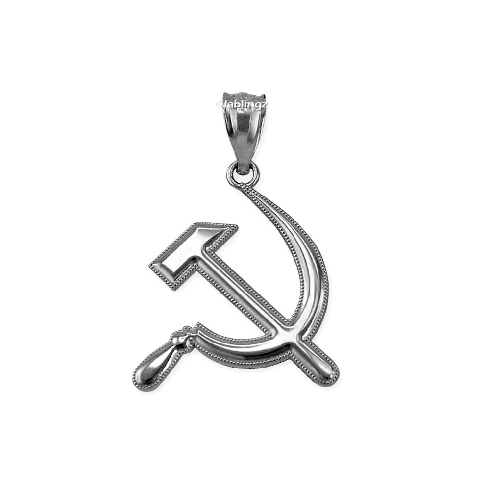 LA BLINGZ 10K White Gold Hammer and Sickle Pendant Necklace for Men & Women - Russian Communist Symbol Jewelry - Perfect for Costume Parties, Historical Reenactments & Unique Fashion Statements