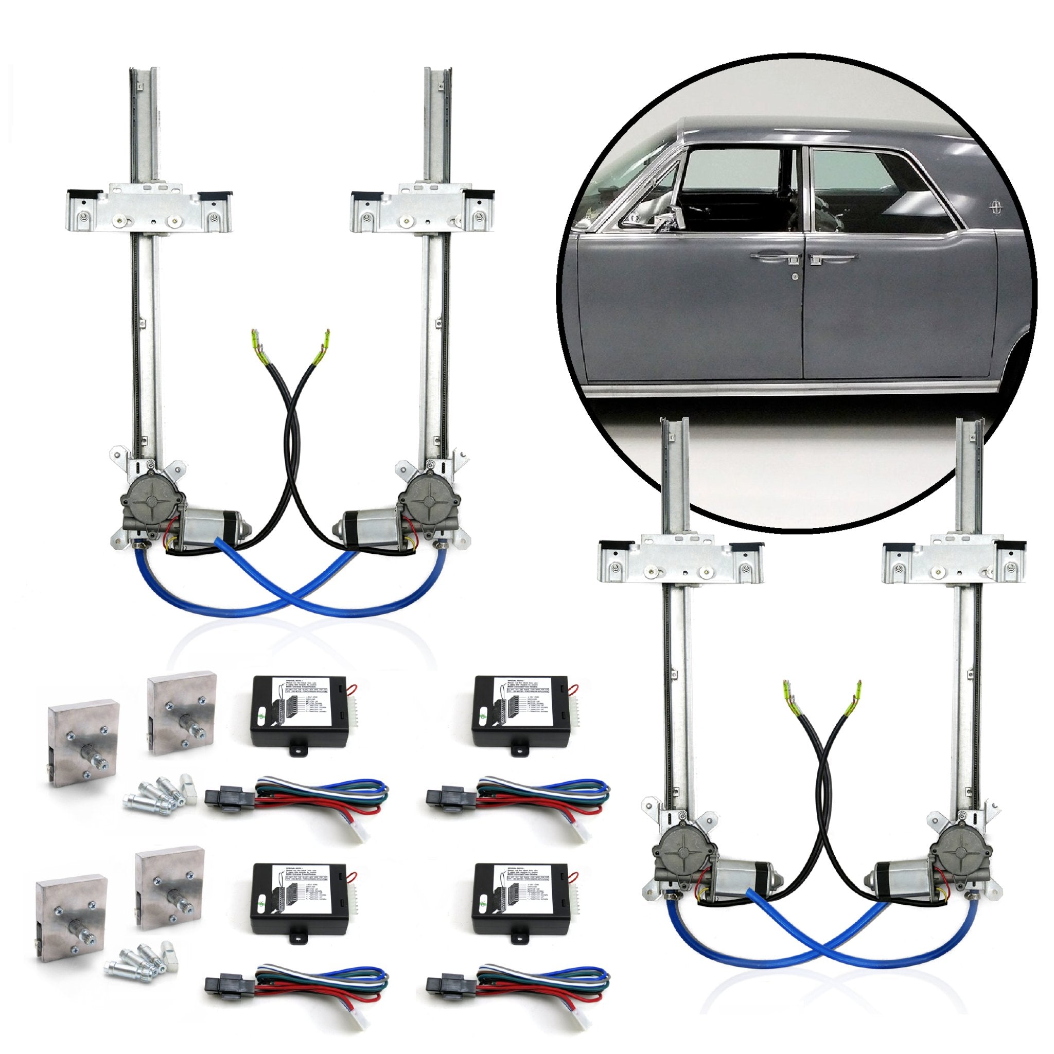 1903-1904 Ford Model AC 4-Door Power Window Conversion Kit - 12V One-Touch Billet Crank Switches with Flat Glass - Easy Installation for Classic Car Restoration & Modern Convenience