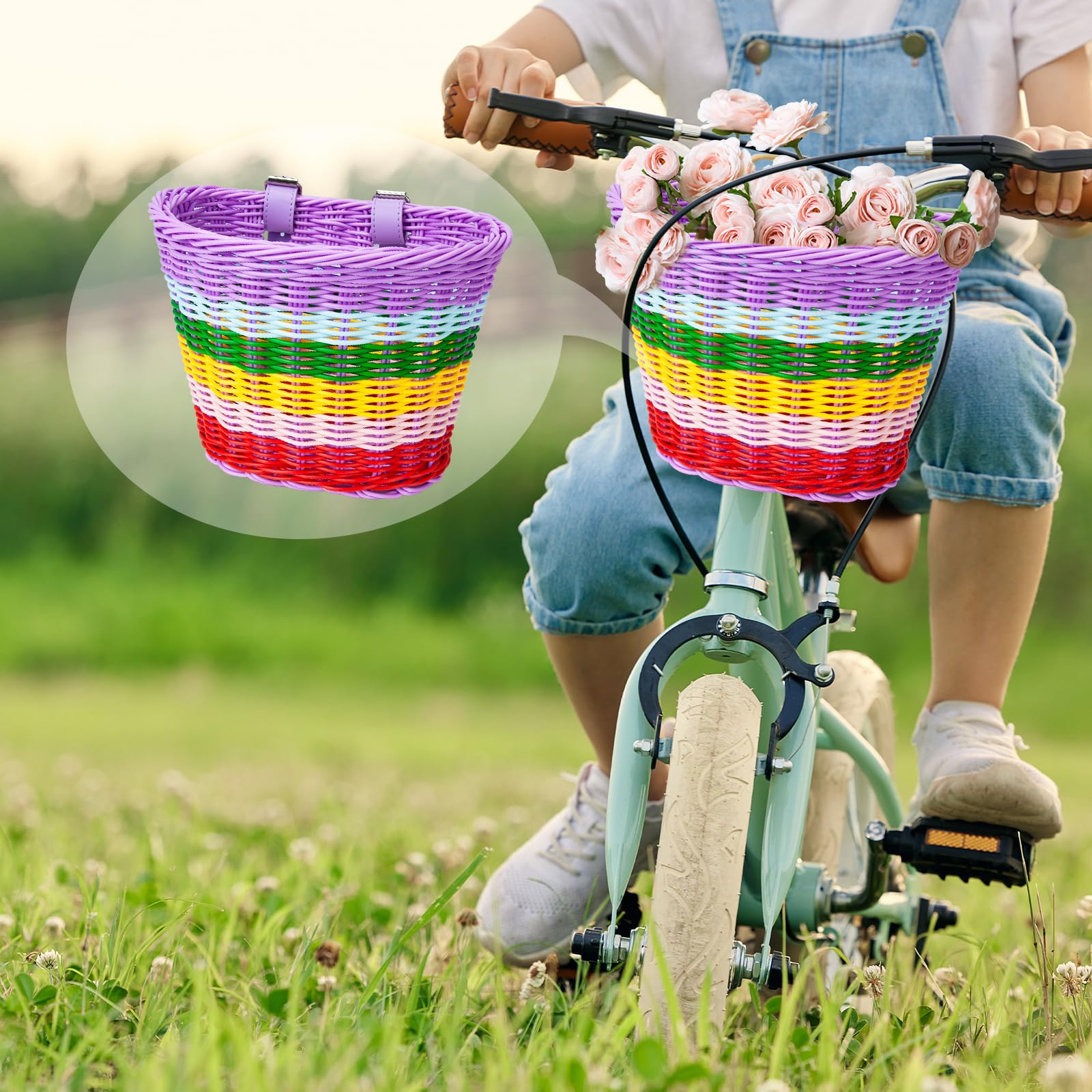 Girls' Bike Basket Set - Rainbow Woven Basket with Horn, Streamers & Stickers for Wheel Decoration | Perfect for Kids' Bicycles, Birthday Gifts & Outdoor Riding Accessories
