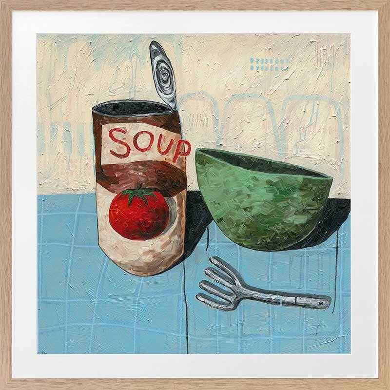 Eating Soup With A Fork - Pale Blue Framed Wall Art Print - Funny Kitchen Decor for Dining Room, Office or Gift