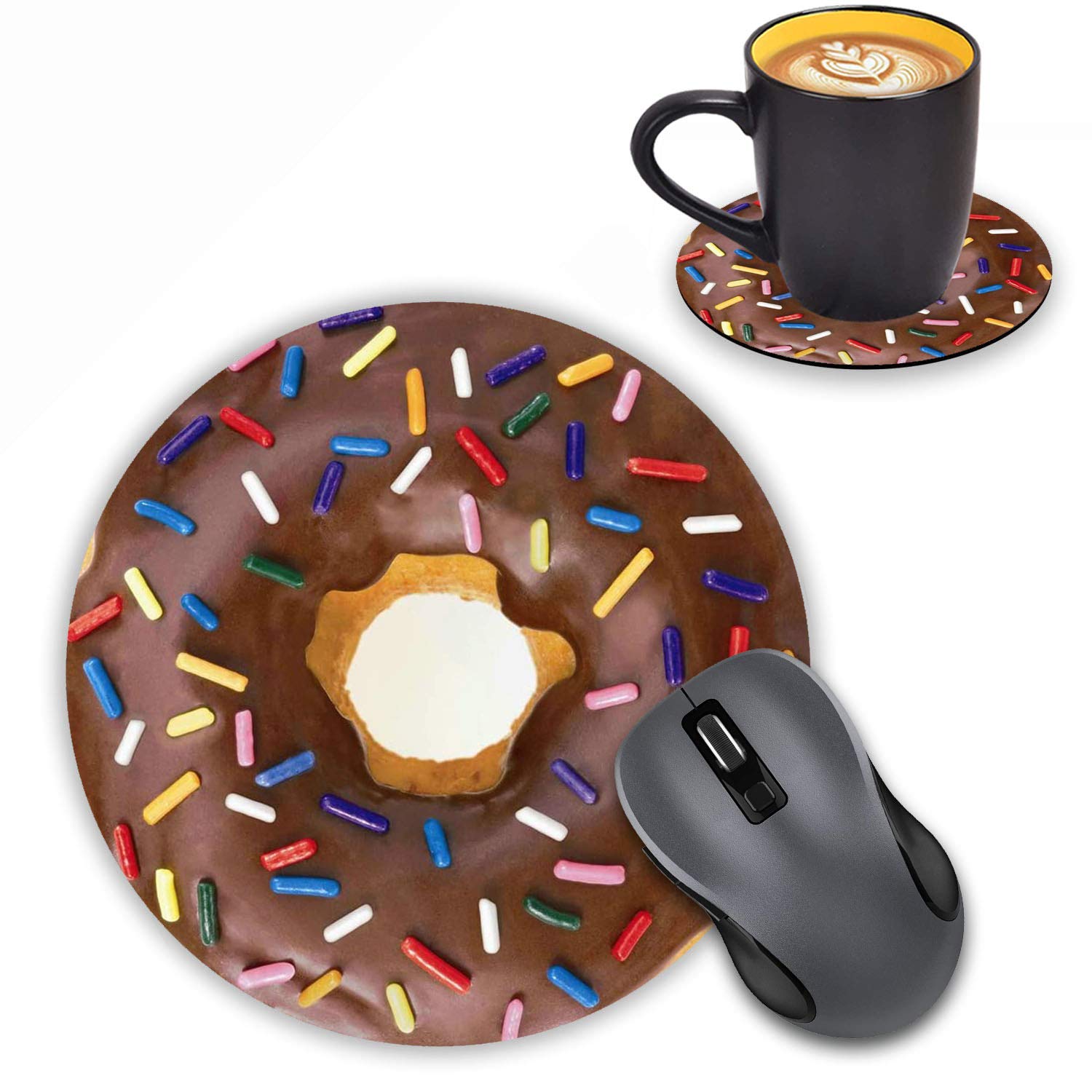 Non-Slip Donut with Sprinkles Design Round Mouse Pad & Coasters Set - Cute Rubber Mousepad for Computer, Laptop, Gaming & Office Desk Accessories - Perfect for Work, Home Office & Gaming Setup