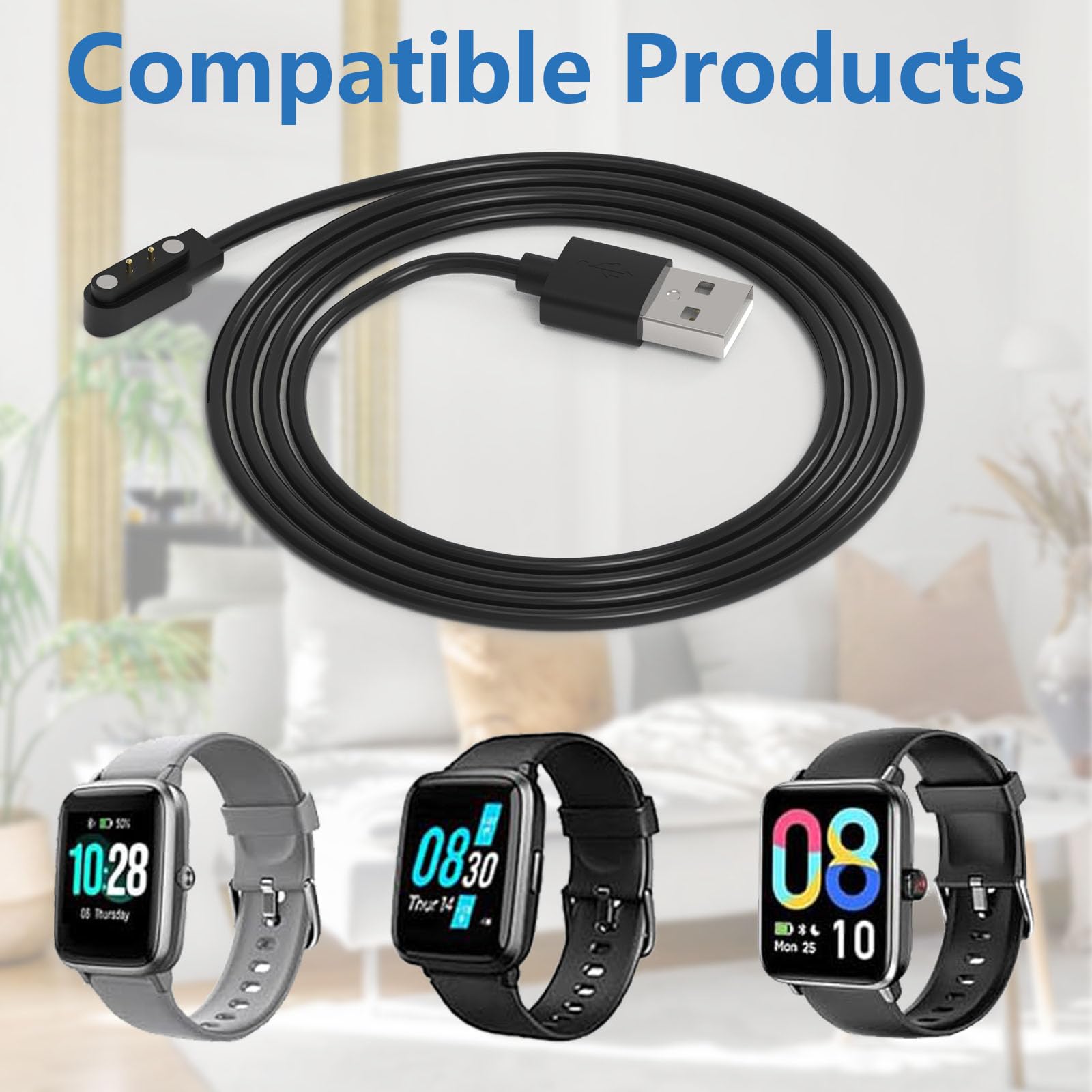 Magnetic Smart Watch Charger - 2 Pin Cable for Da Fit Watch, 4mm Contact Pin Spacing, Black | Perfect for Fitness Tracking & Daily Charging