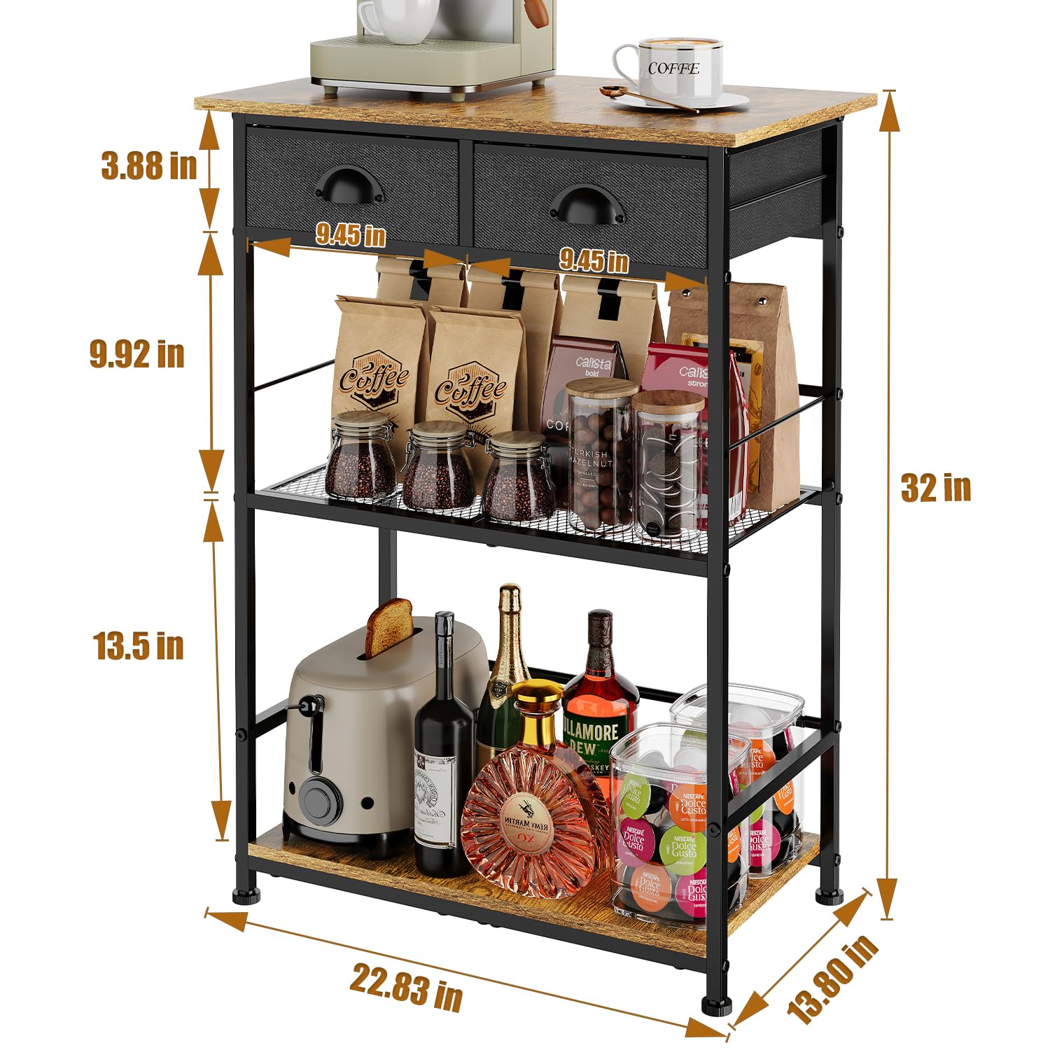 Farmhouse Style 3-Tier Coffee Bar Stand with 2 Storage Drawers - Large Capacity Coffee Station Organizer Cabinet for Kitchen, Living Room & Entryway - Perfect for Espresso Machines, Mugs & Coffee Accessories Storage