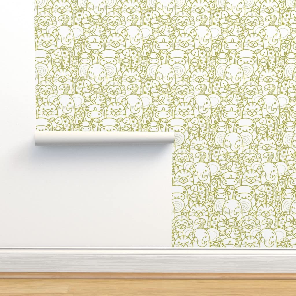 Wild Animals Green Elephant Tiger Lion Giraffe Monkey Rhinoceros Olive Nursery White Penguin Removable Pre-Pasted Wallpaper Swatch - Custom Peel & Stick Wallpaper for Kids Room, Nursery Decor, Home Office by Spoonflower