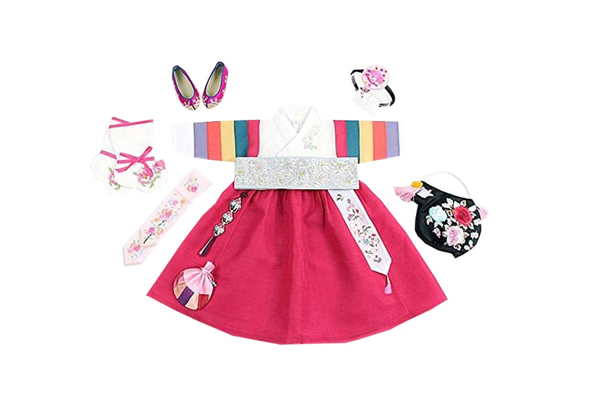 Korean Hanbok Dress for Baby Girl - Traditional First Birthday Dol Party & Wedding Outfit in Ivory & Red | Perfect for Cultural Celebrations & Special Occasions
