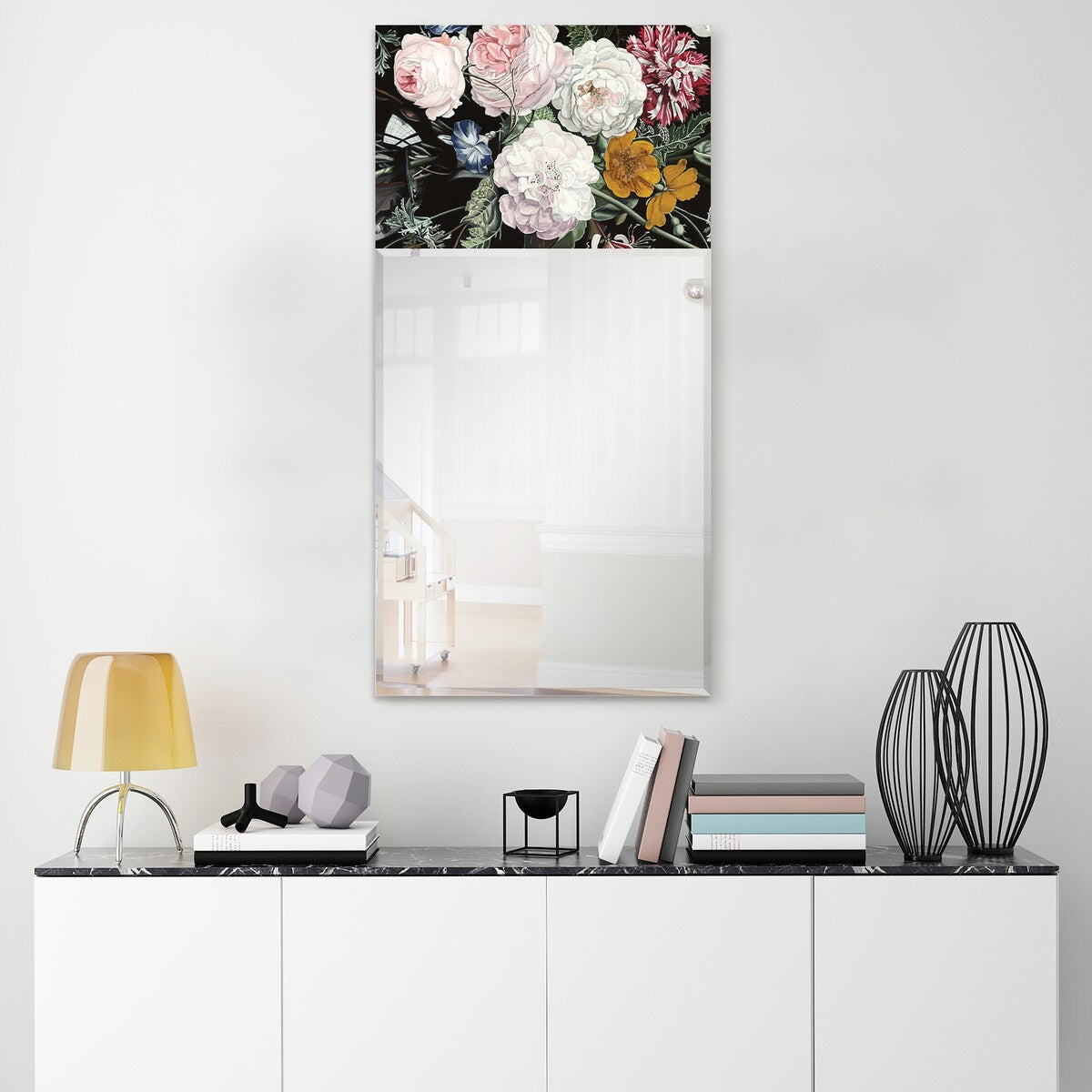 Bouquet Rectangular Beveled Mirror - Free Floating Printed Tempered Art Glass - 24 x 48 Inches - Clear Wall Mirror for Living Room, Bedroom, or Entryway Decor