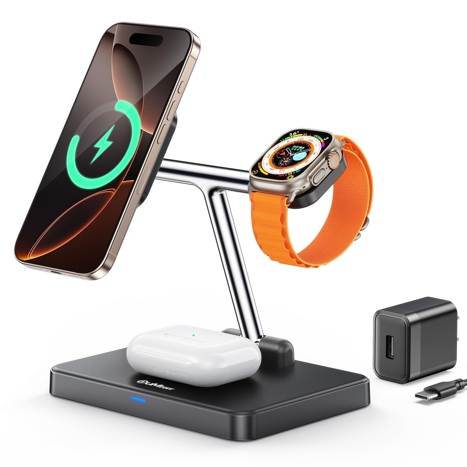 DUMTERR 3-in-1 Foldable Wireless Charging Station with MagSafe for iPhone 16/15/14/13/12, Apple Watch Series & AirPods - Fast Magnetic Charger Stand with N52 Strong Magnet & Safety Protection | Perfect for Home, Office & Travel Use