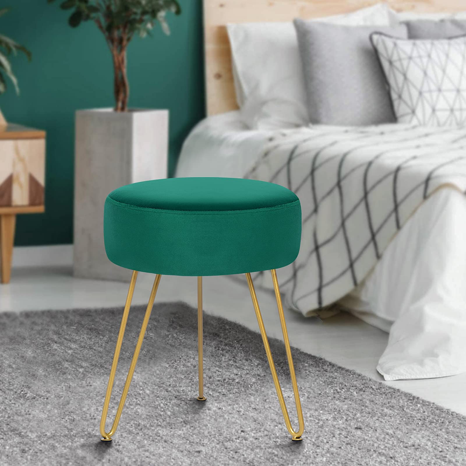 GERANT Velvet Round Ottoman Stool - Multifunctional Upholstered Footrest & Side Table with Golden Metal Legs - Modern Dressing Stool for Living Room, Bedroom, Vanity (Teal) | Perfect for Makeup Area, Reading Nook & Lounge Seating