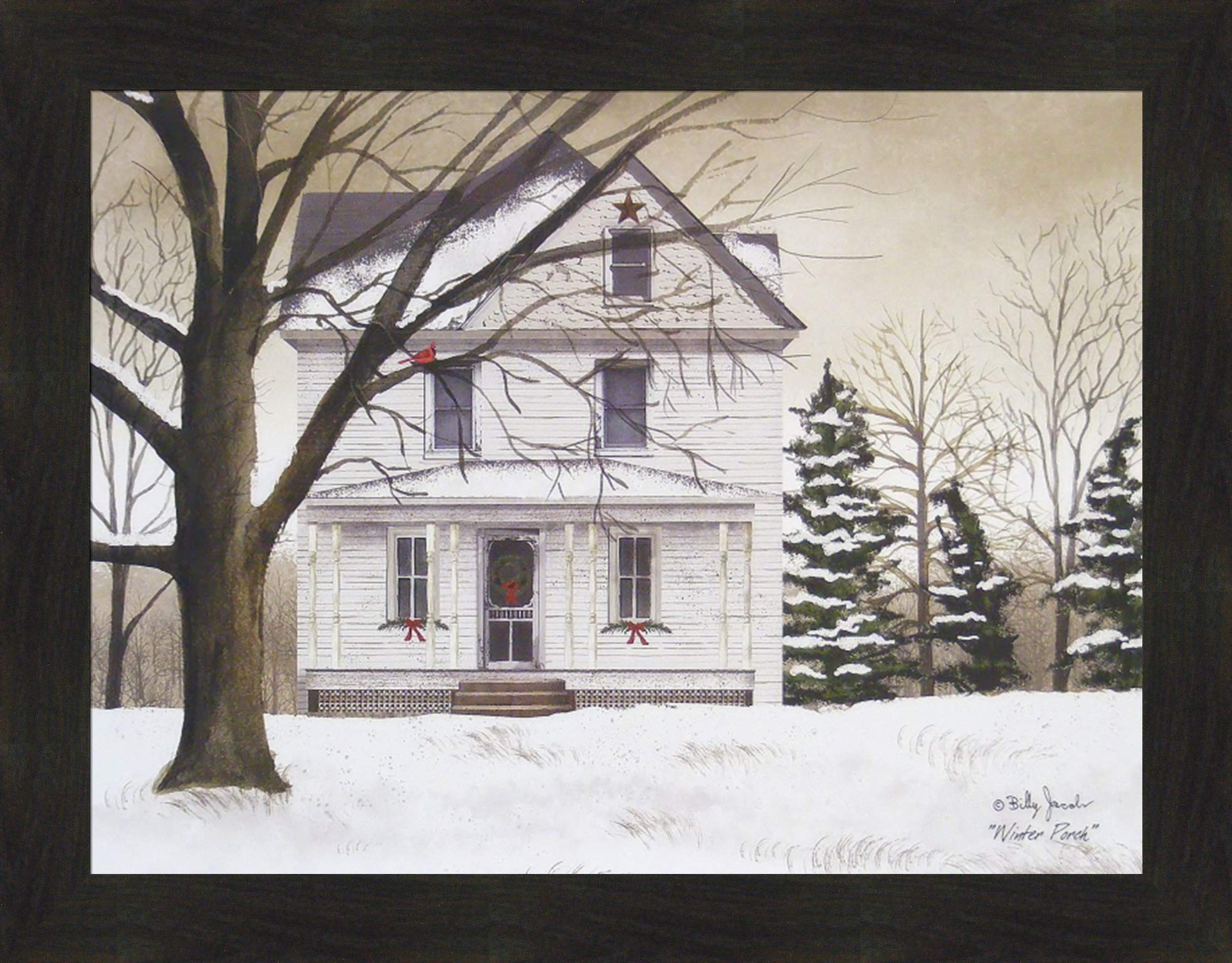 Billy Jacobs 22x28 Framed Winter Snow Cardinal Bird Art Print - Farmhouse Holiday Decor for Porch, Living Room & Cabin Wall Art