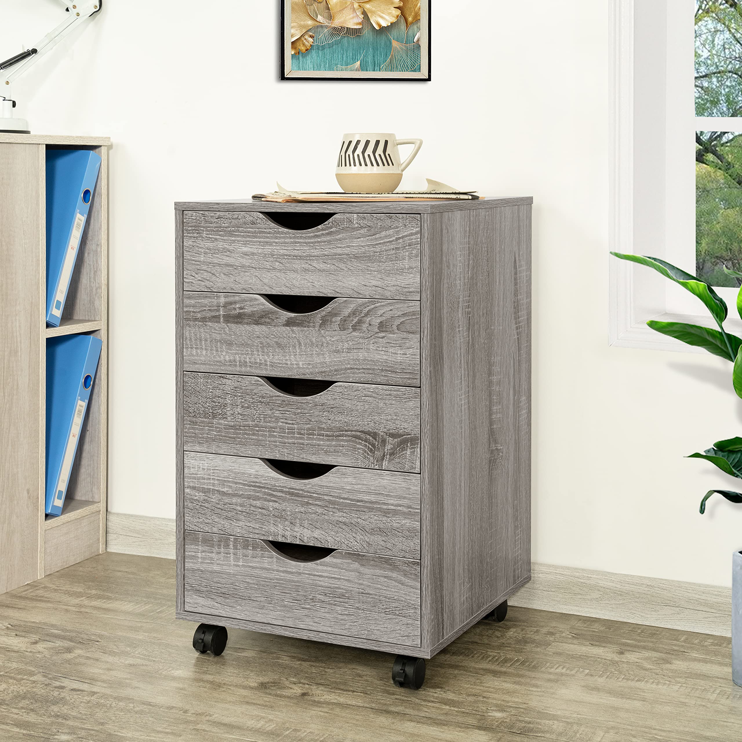 Naomi Home 5-Drawer Dresser for Bedroom - Modern Tall Chest with Wheels, Storage Shelves & 180 lbs Capacity - Gray Oak - Perfect for Closet Organization, Makeup Vanity & Small Space Storage