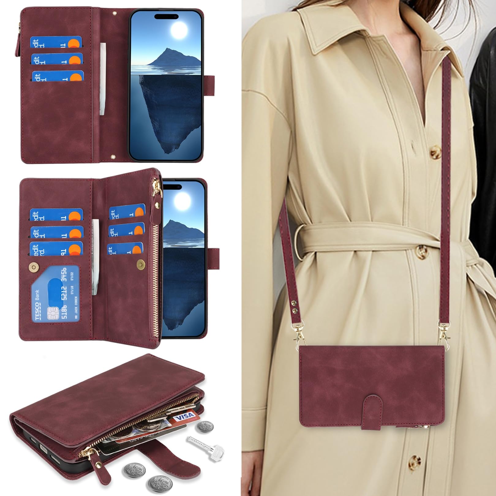 Jaorty Women's PU Leather iPhone 16 Pro 5G Wallet Case with Card Holder, Zipper Pocket & Adjustable Crossbody Strap - Burgundy Phone Cover for 6.3