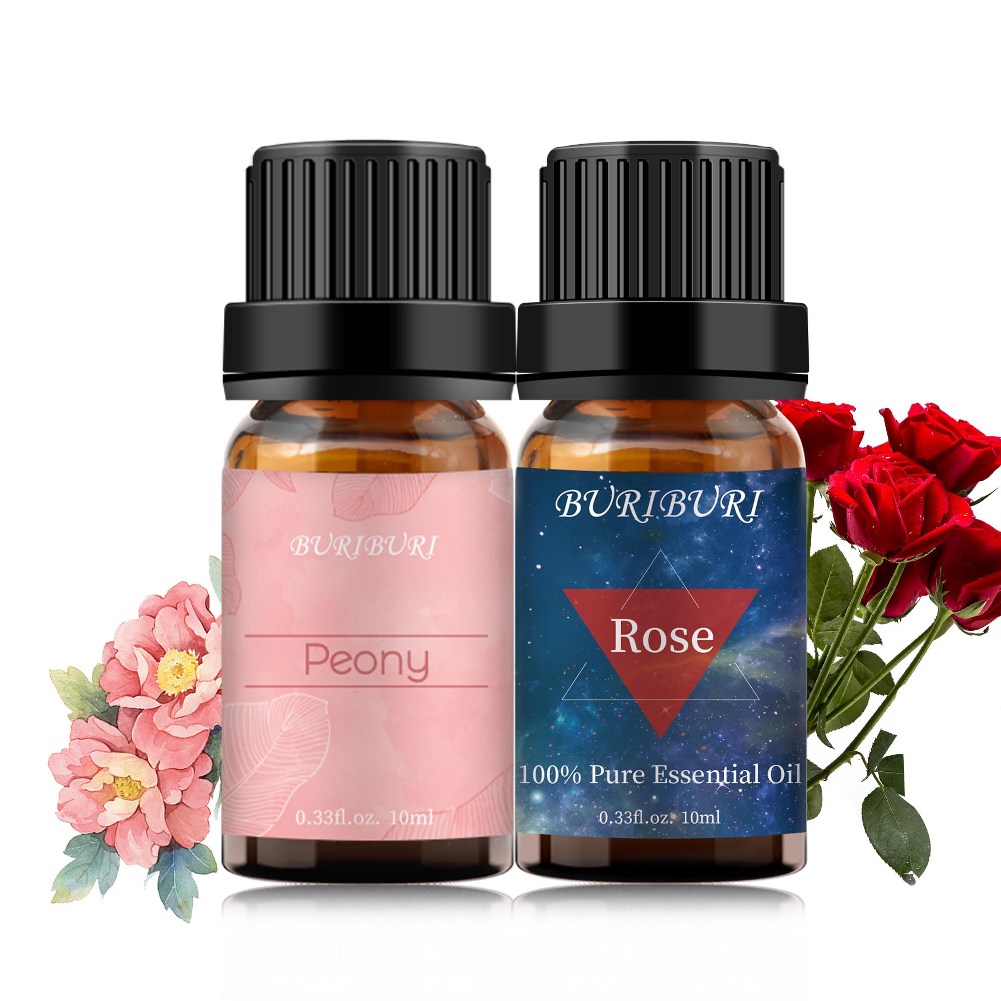 BURIBURI 100% Pure Rose & Peony Essential Oil Set (2 Pack, 10ml Each) - Aromatherapy Diffuser, Massage Oil, Soap Making for Relaxation & Skin Care
