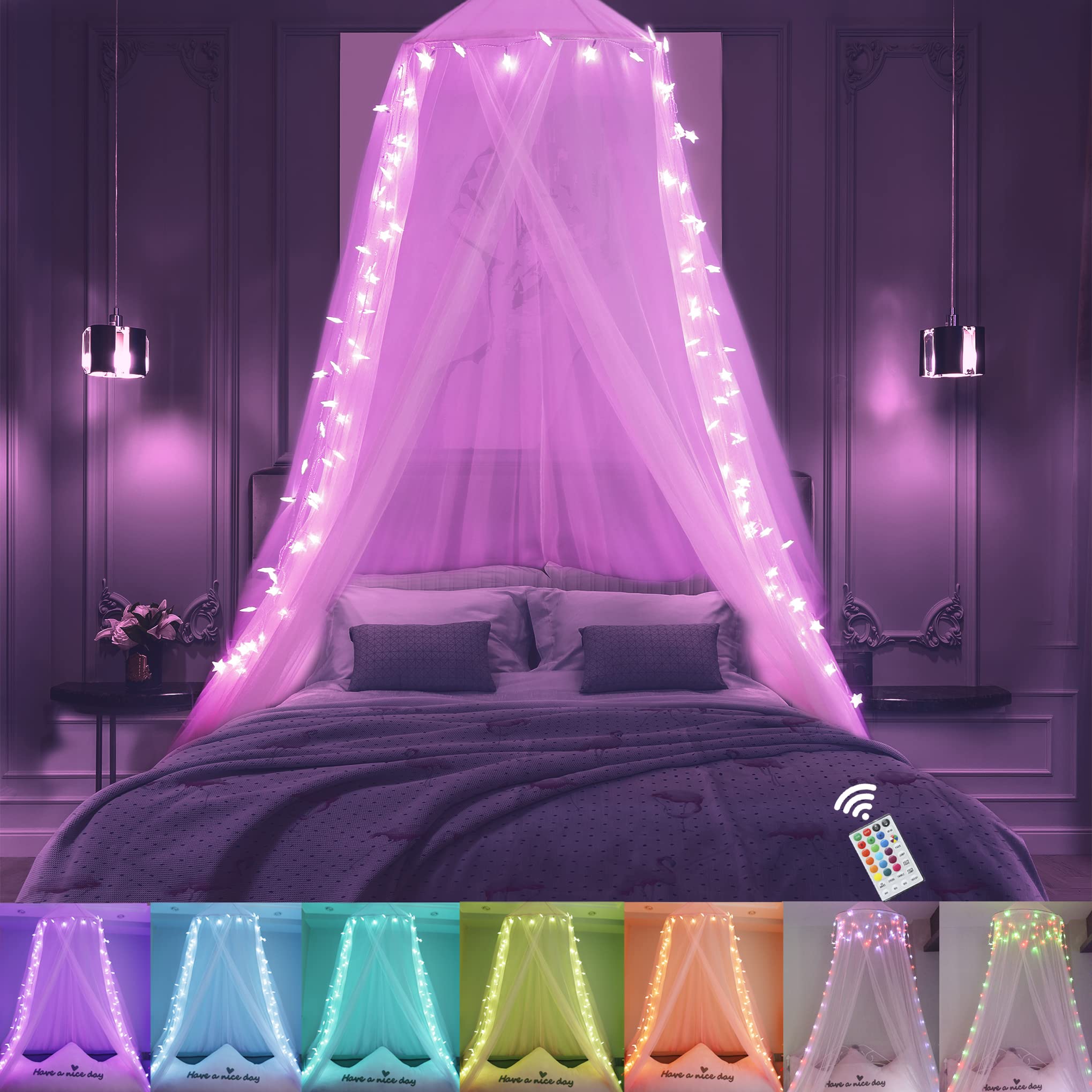 Obrecis Pink Princess Bed Canopy with 100 LED Star Fairy Lights - Remote Control Bed Tent for Girls, Twin to King Size - Perfect for Bedroom Decor, Kids' Sleepovers & Dreamy Nursery Themes