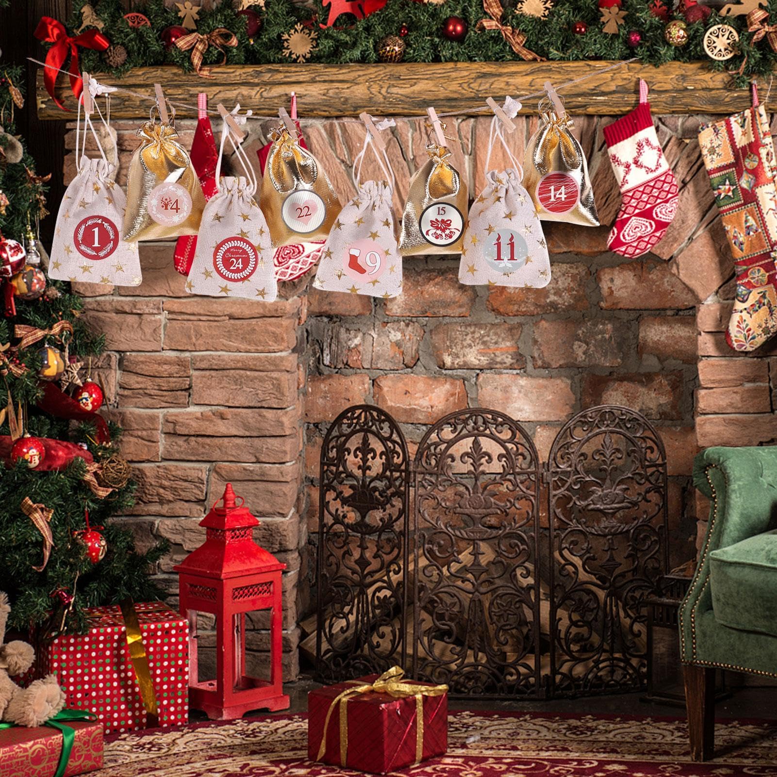 24 Countdown Advent Calendar Bags for Christmas - 24-Piece Set with Drawstring, Holiday Gift Bags for Kids & Adults - Perfect for Christmas Countdown, Party Favors, Stocking Stuffers & Festive Decorations