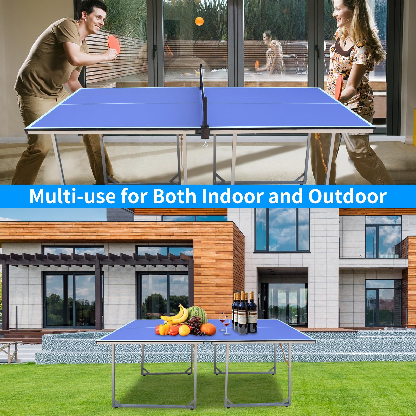 Regulation Size Folding Ping Pong Table with Wheels - Includes 2 Paddles, 2 Balls & Net Set - Portable Indoor/Outdoor Table Tennis for Home, Office, or Backyard Games
