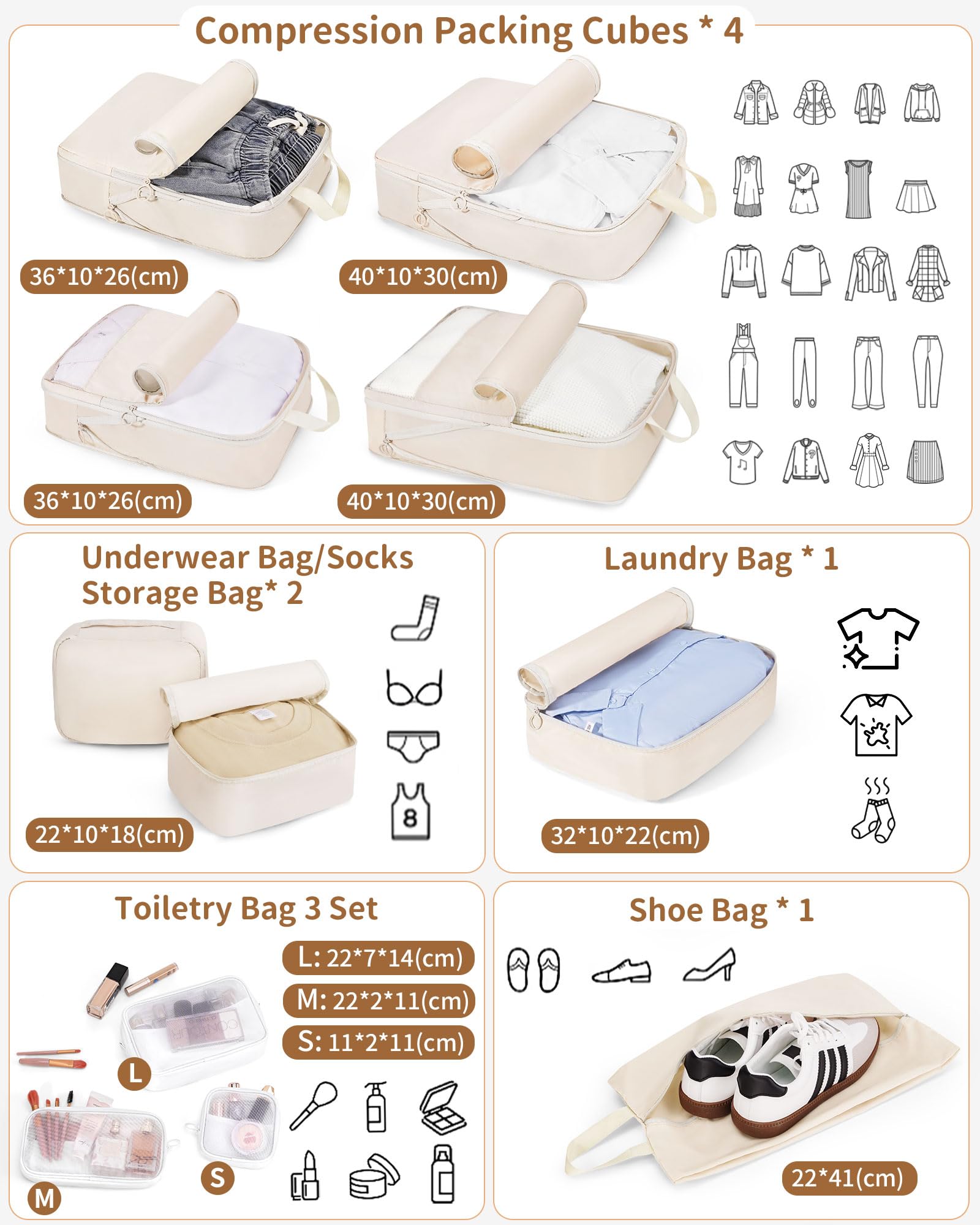 11-Piece Compression Packing Cubes Set - Expandable Luggage Organizer Bags for Travel | Suitcase Storage Solution | Perfect for Business Trips, Vacations & Weekend Getaways (Beige)