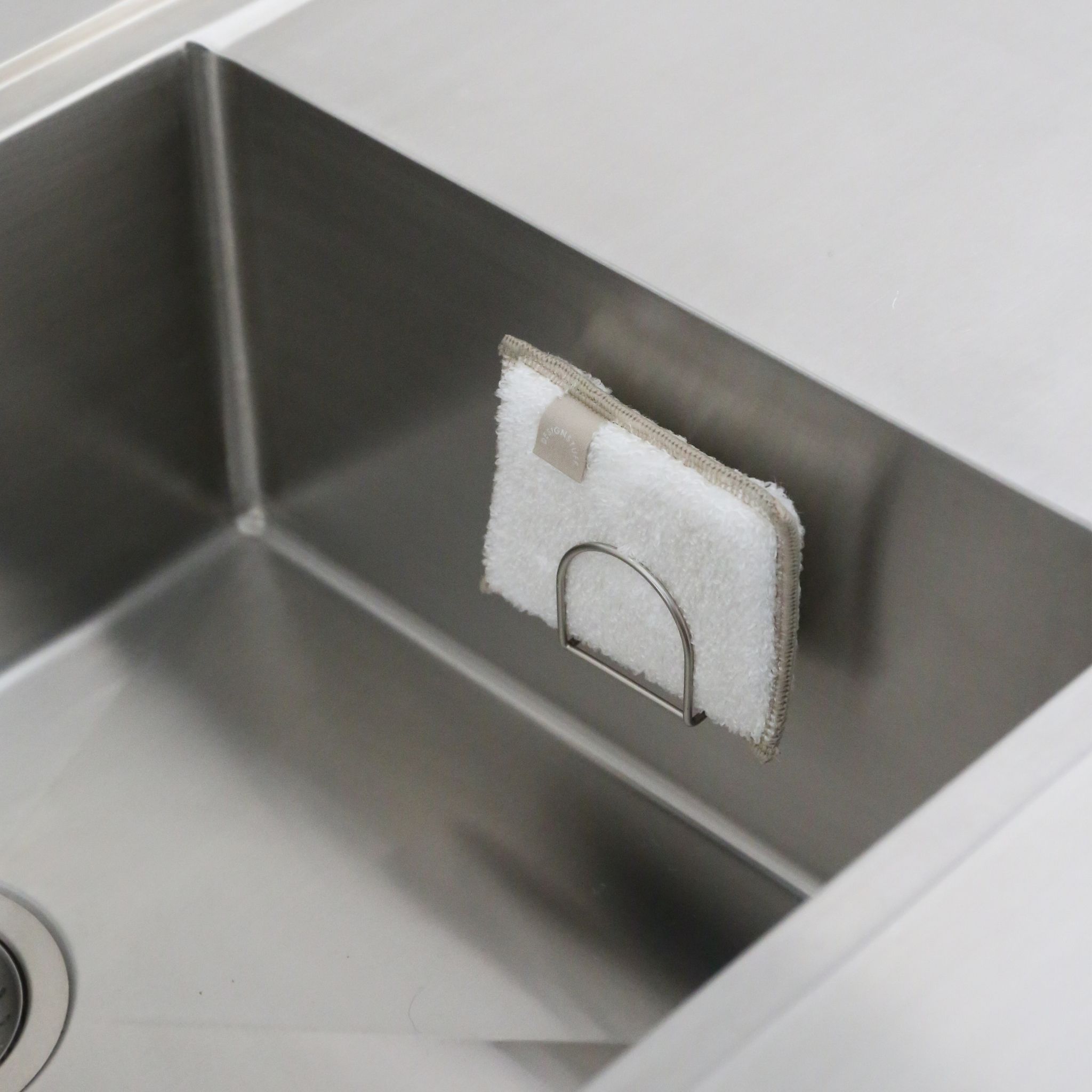 DESIGNSTUFF Brushed Steel Sink Sponge Holder - Rustproof Kitchen Organizer for Sponges & Scrubbers - Perfect for Kitchen, Bathroom, and Utility Sink Organization