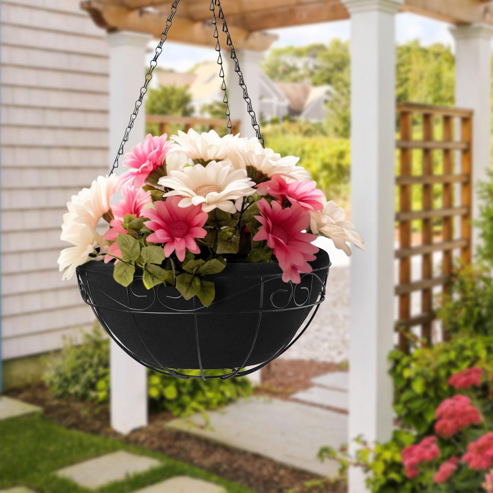 20 Inch Non-Woven Fabric Plant Grow Bags - 4 Pack Coco Liner Window Basket for Indoor/Outdoor Gardening - Trough Shaped Wall & Deck Planters with Round Hanging Basket - Perfect for Flowers, Vegetables, and Herbs on Balcony, Patio, or Garden Decor