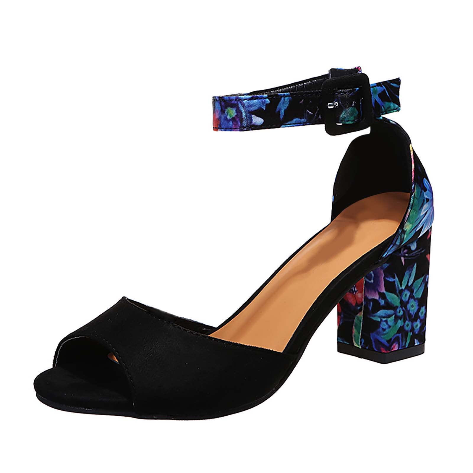 Women's Floral Chunky Heel Sandals - Ankle Strap Buckle Open Toe Platform Shoes for Summer | Comfortable Casual High Heels for Women | Perfect with Jeans, Dresses & Summer Outfits
