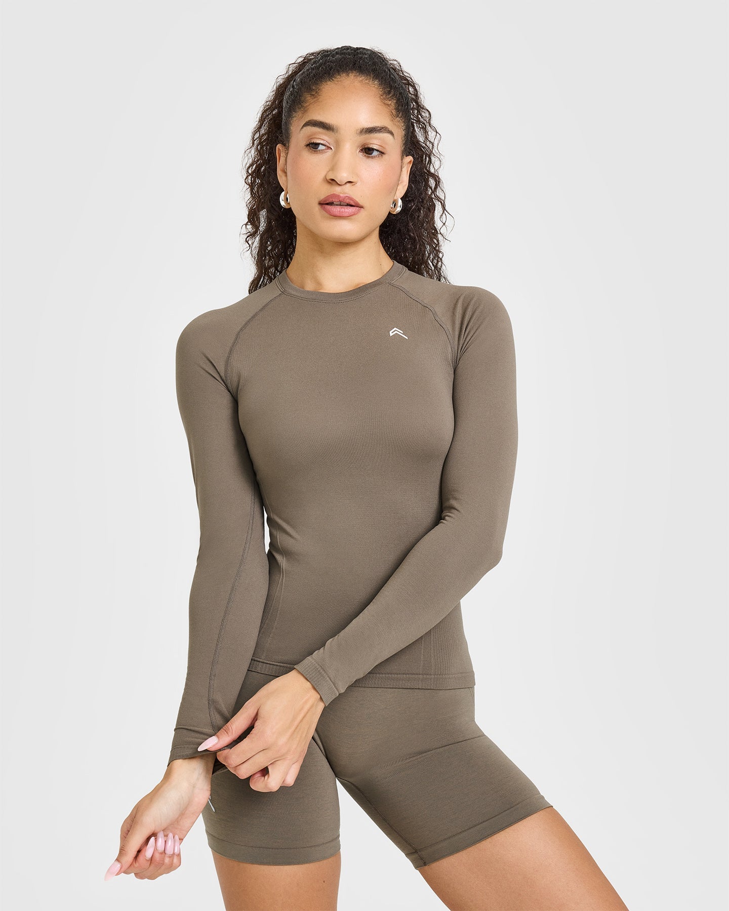 Seamless Fitted Long Sleeve T-Shirt for Women - Moss Brown | Comfortable Stretchy Workout Top for Yoga, Gym & Casual Wear