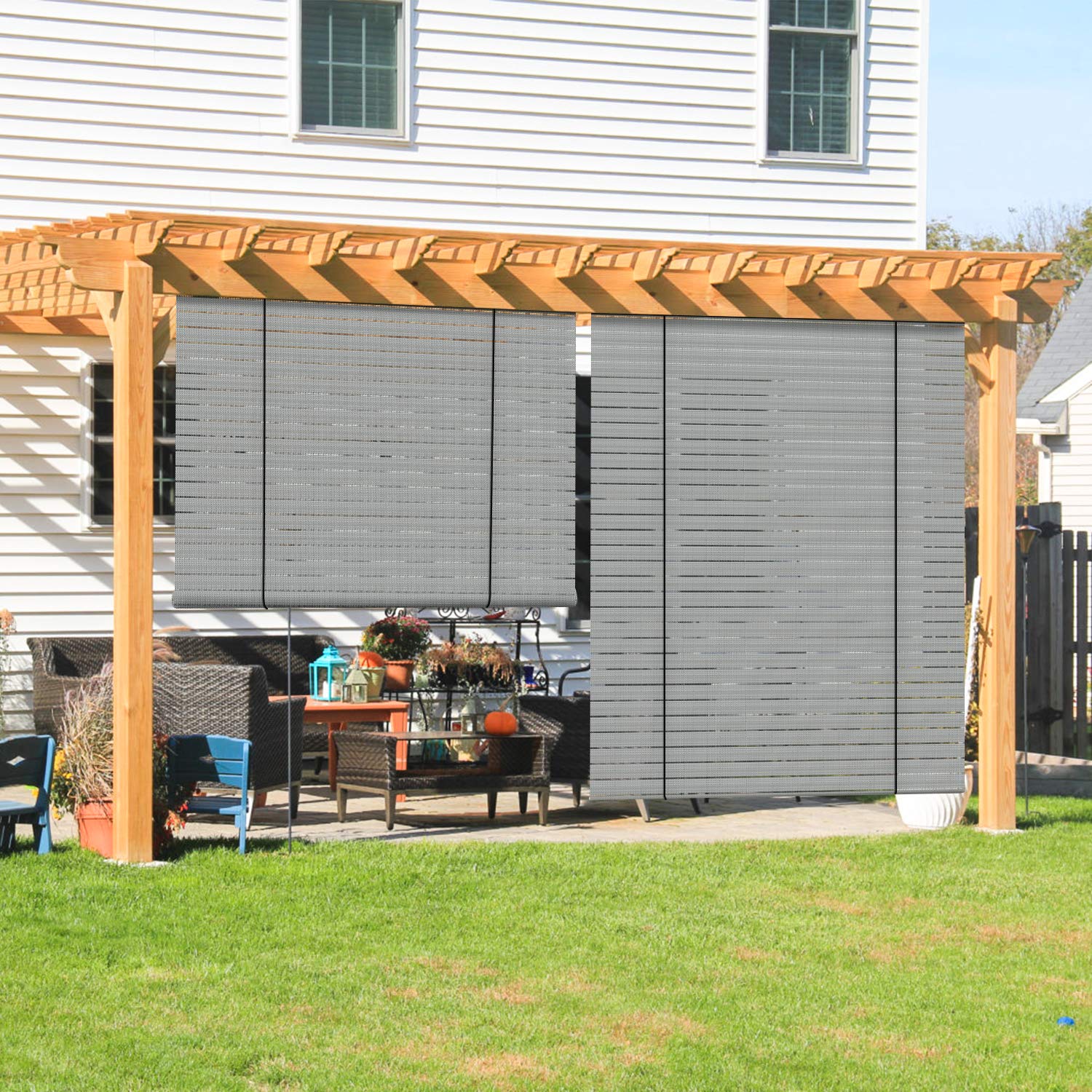 COARBOR Outdoor Roll Up Shades Blinds - 6'W x 12.5'L Hollow Out Light Grey Sun Shade Screen for Pergola, Porch, Balcony, Deck - UV Protection & Privacy Solution for Outdoor Living Spaces