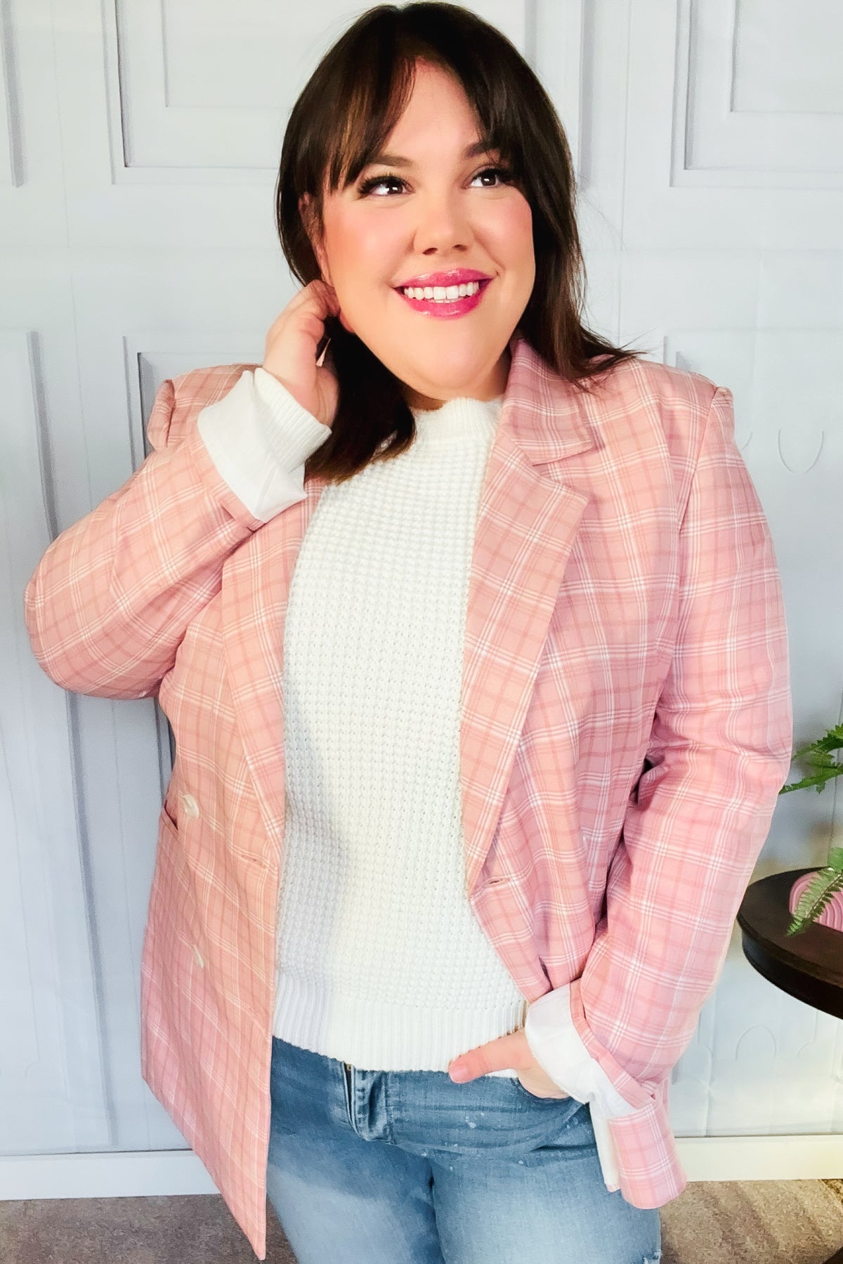 Stylish Pink Plaid Double Breasted Blazer with Lapel Collar - Perfect for Office Wear, Business Meetings & Formal Events