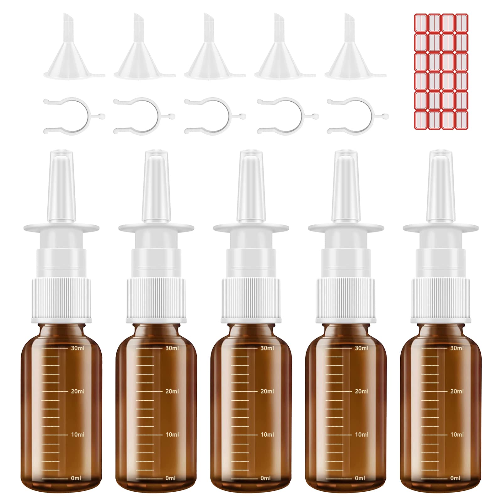 5 Pack 30ML/1OZ Refillable Amber Glass Nasal Spray Bottles with Graduated Scale - Continuous Fine Mist Sprayer, Includes Funnels, Travel Clips & Labels - Perfect for Essential Oils, Travel & Home Use
