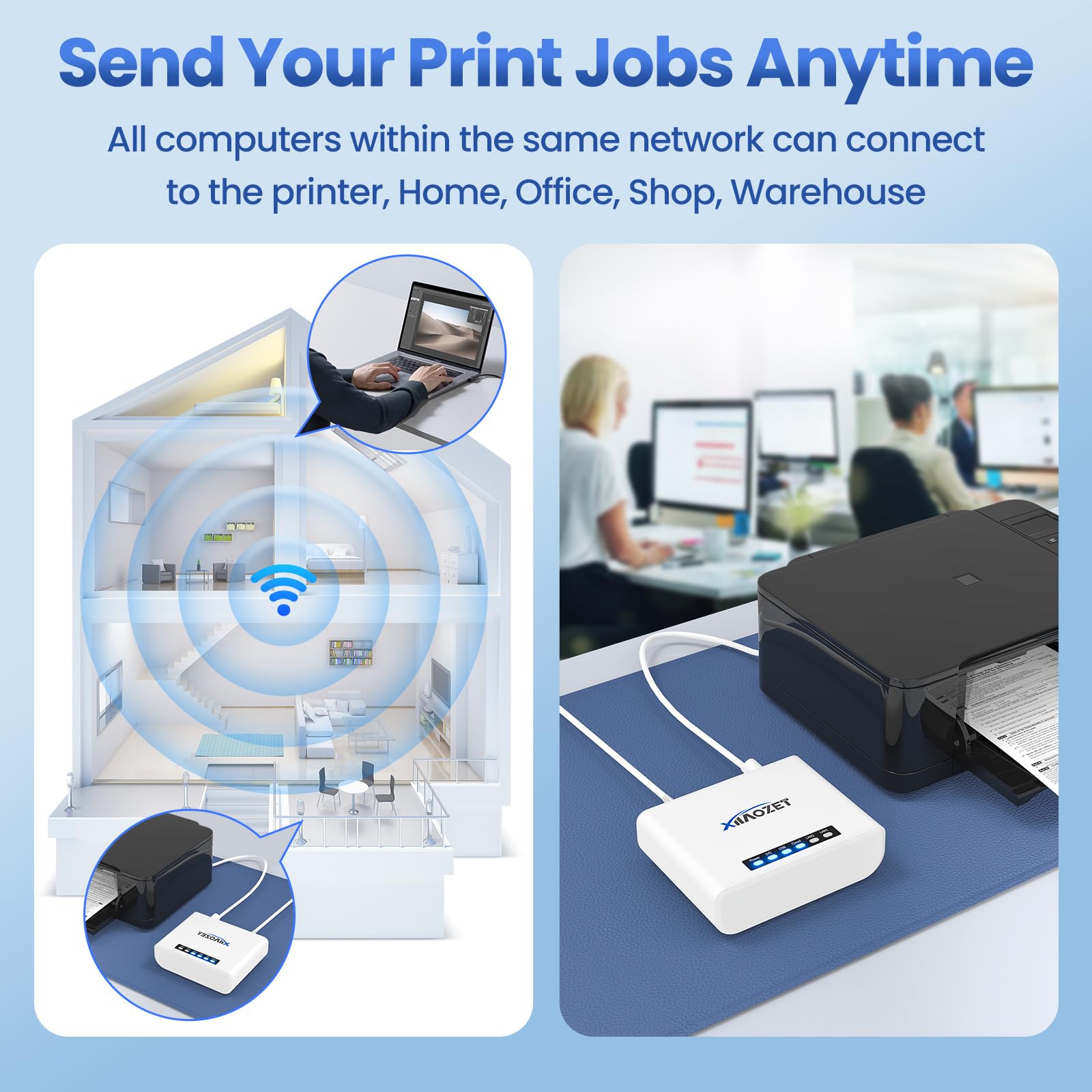 LK100EW Wireless USB & Print Server - Share USB Devices (Printer/Scanner) Over LAN via Ethernet/WiFi - Easy Setup for Home & Office Networking