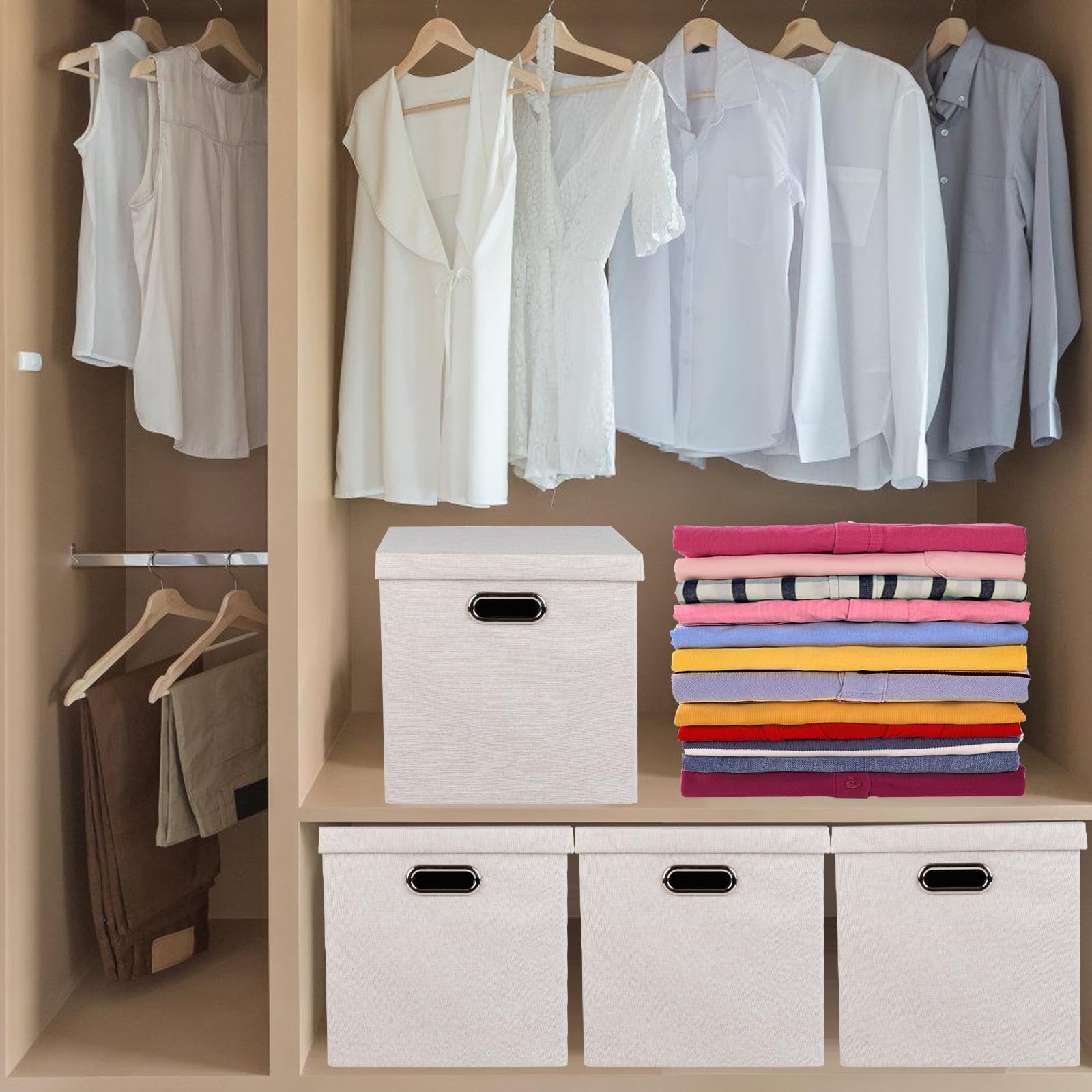 Collapsible Fabric Storage Bins with Lids - 4 Pack Foldable Linen Organizer Boxes for Closet, Shelves, Home & Office (11x11x11 Inches, Beige) | Perfect for Seasonal Clothes, Toys, Blankets & Home Organization