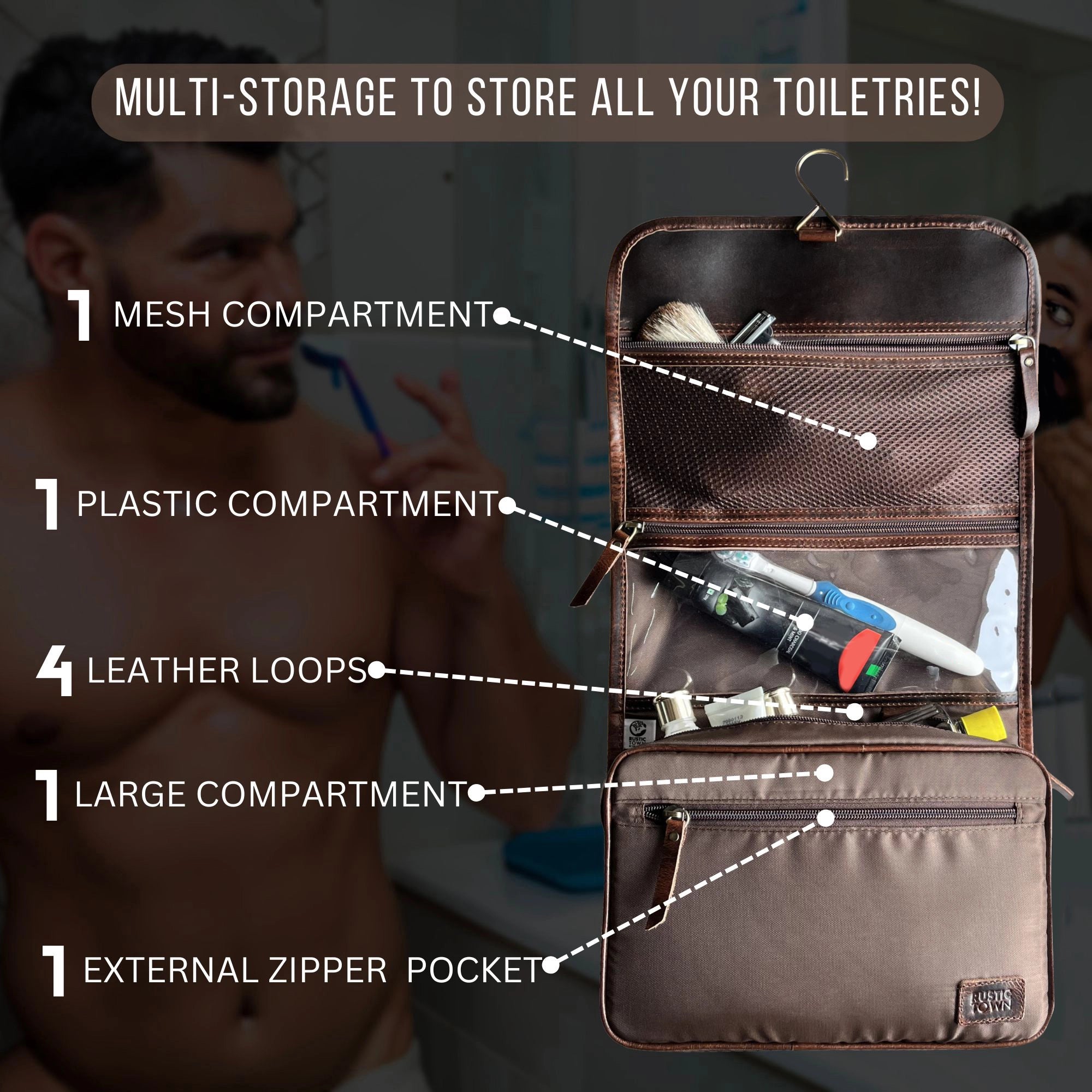 Premium Leather Hanging Toiletry Bag for Men & Women - Travel Cosmetic Organizer with Multiple Pockets - Perfect for Vacation, Gym, Camping & Business Trips