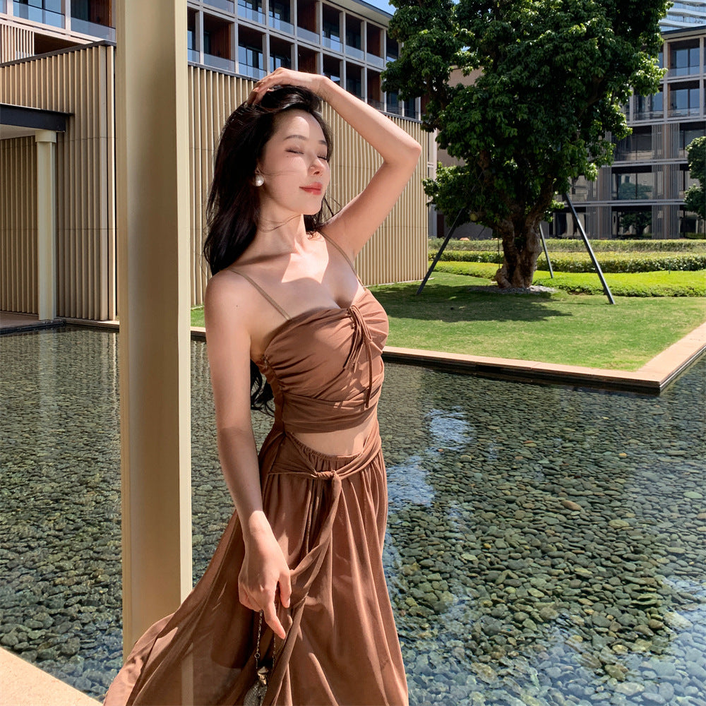 Women's Brown Spaghetti Strap Summer Dress - Flowy Skirt with Side Slit, Casual Sundress for Beach, Vacation & Date Night | Style 417