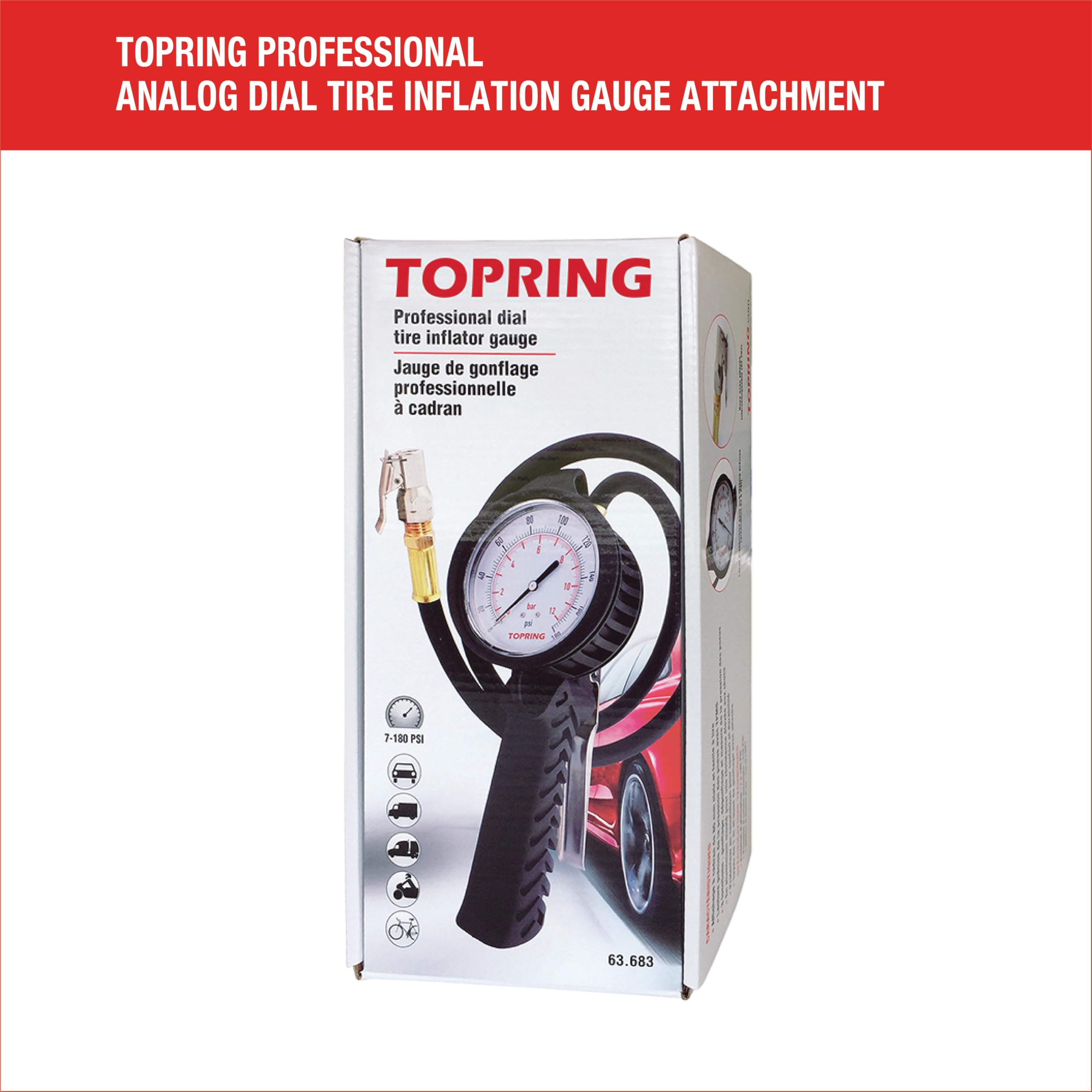 TOPRING 63.683 Professional High-Pressure Tire Inflator Gauge with Pistol Grip - 0-180 PSI Analog Dial, 39
