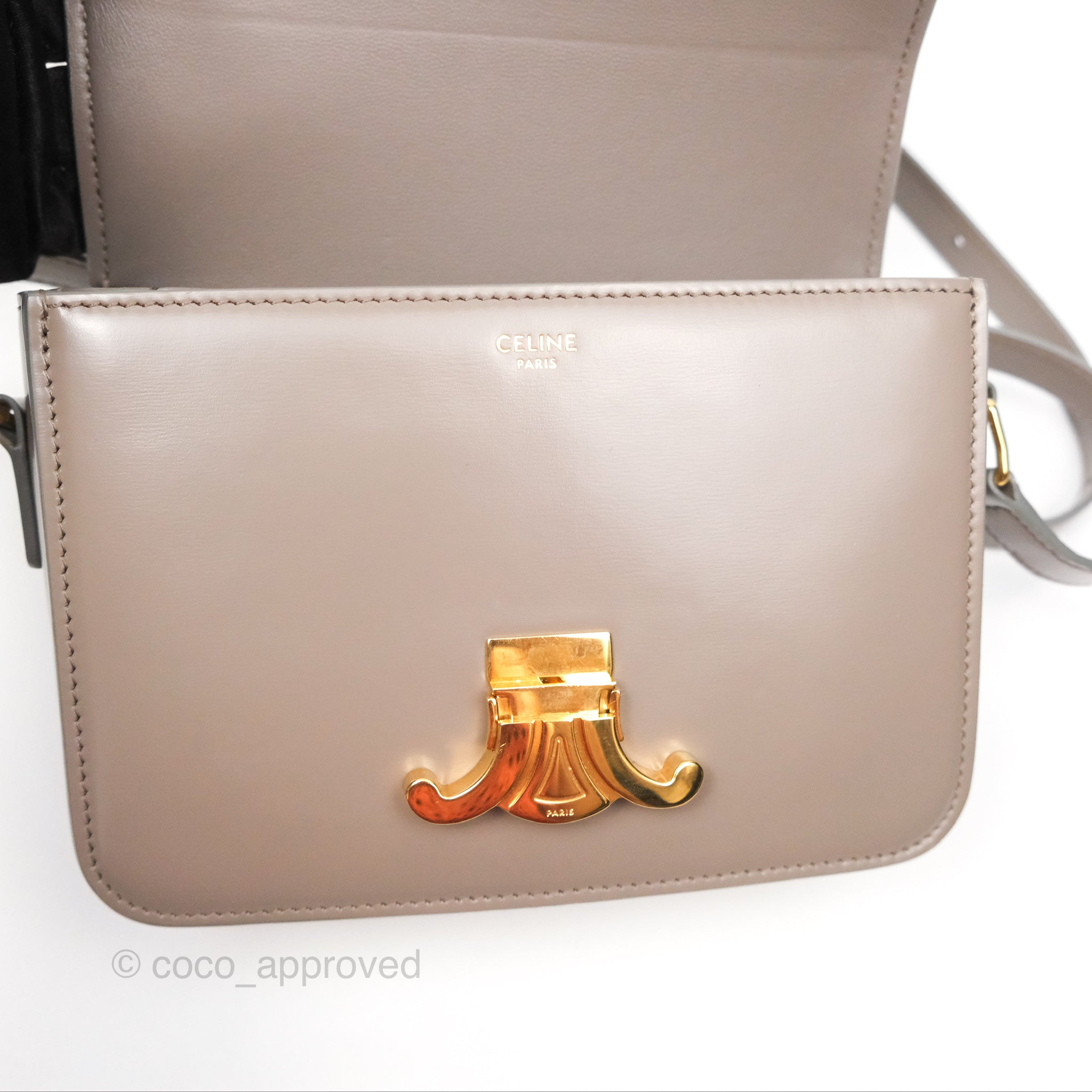 Celine Teen Triomphe Bag in Shiny Calfskin Leather with Pebble Gold Hardware - Perfect for Work, Travel & Evening Events