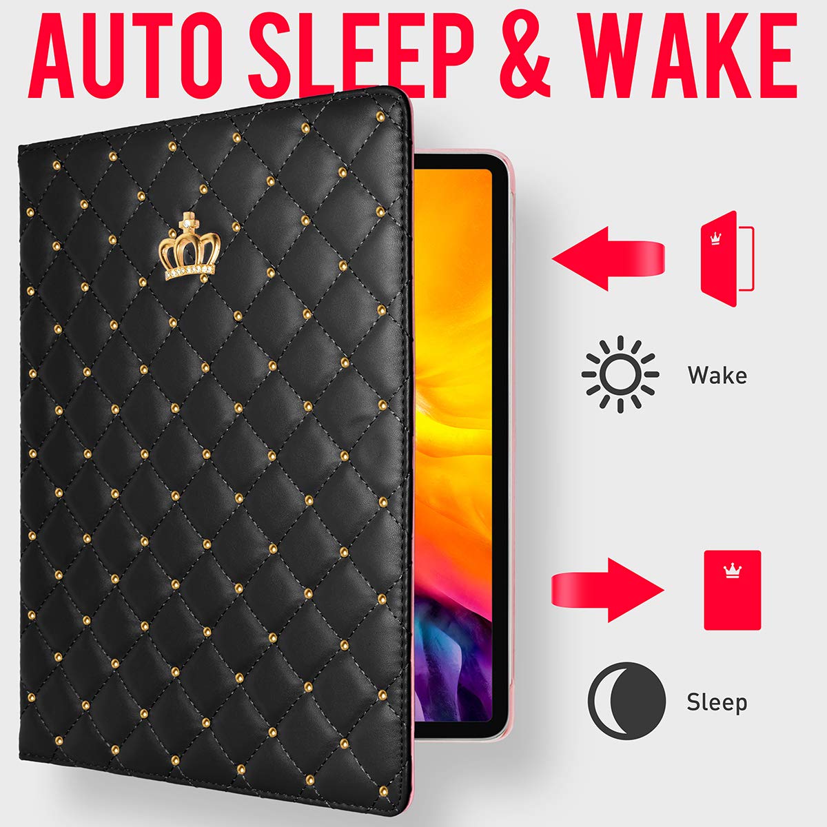 Topwin Cute Crown Case for iPad Air 11-inch M2 & iPad Pro 11 Inch - Bling Diamond PU Leather Smart Cover with Auto Sleep/Wake Function (Black) | Perfect for Work, School & Travel Protection