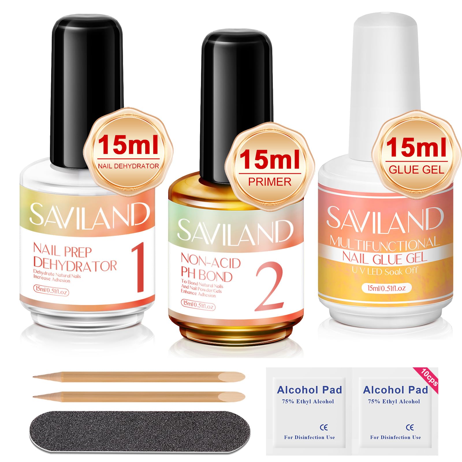 SAVILAND Gel X Nail Glue & Prep Kit - 15ml Non-Acid Nail Dehydrator & Primer for Strong Gel Polish & Press On Nails | 6-in-1 Super Strong Adhesive for DIY Nail Art & Gel X Extension | Perfect for Salon Professionals & At-Home Manicures