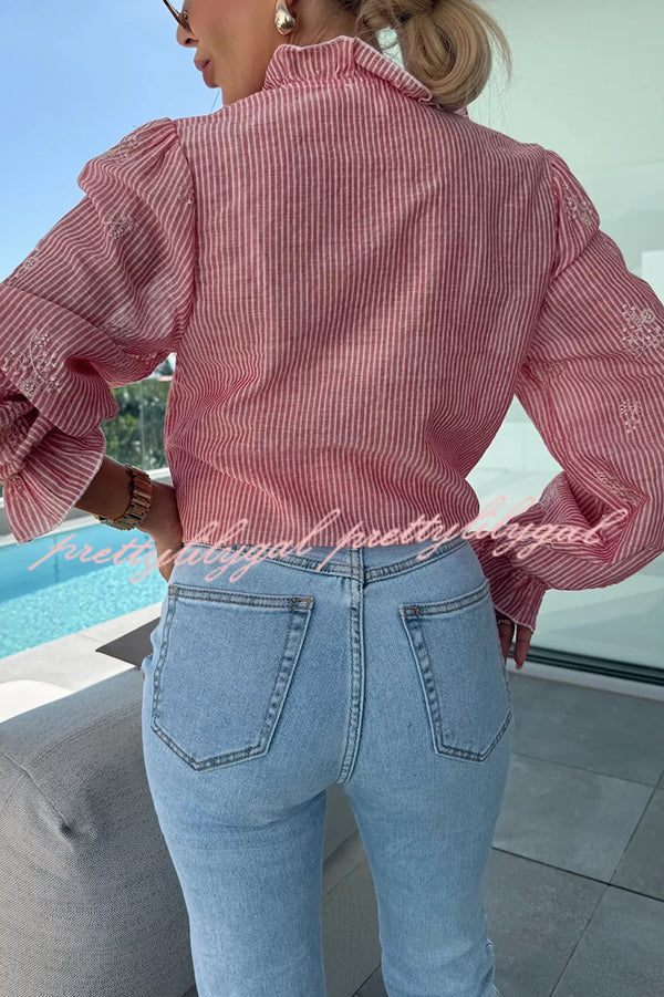 Stylish Stripe Print Embroidered Long Sleeve Casual Shirt for Men & Women | Comfortable Cotton Blend Top for Work, Date Night & Everyday Wear