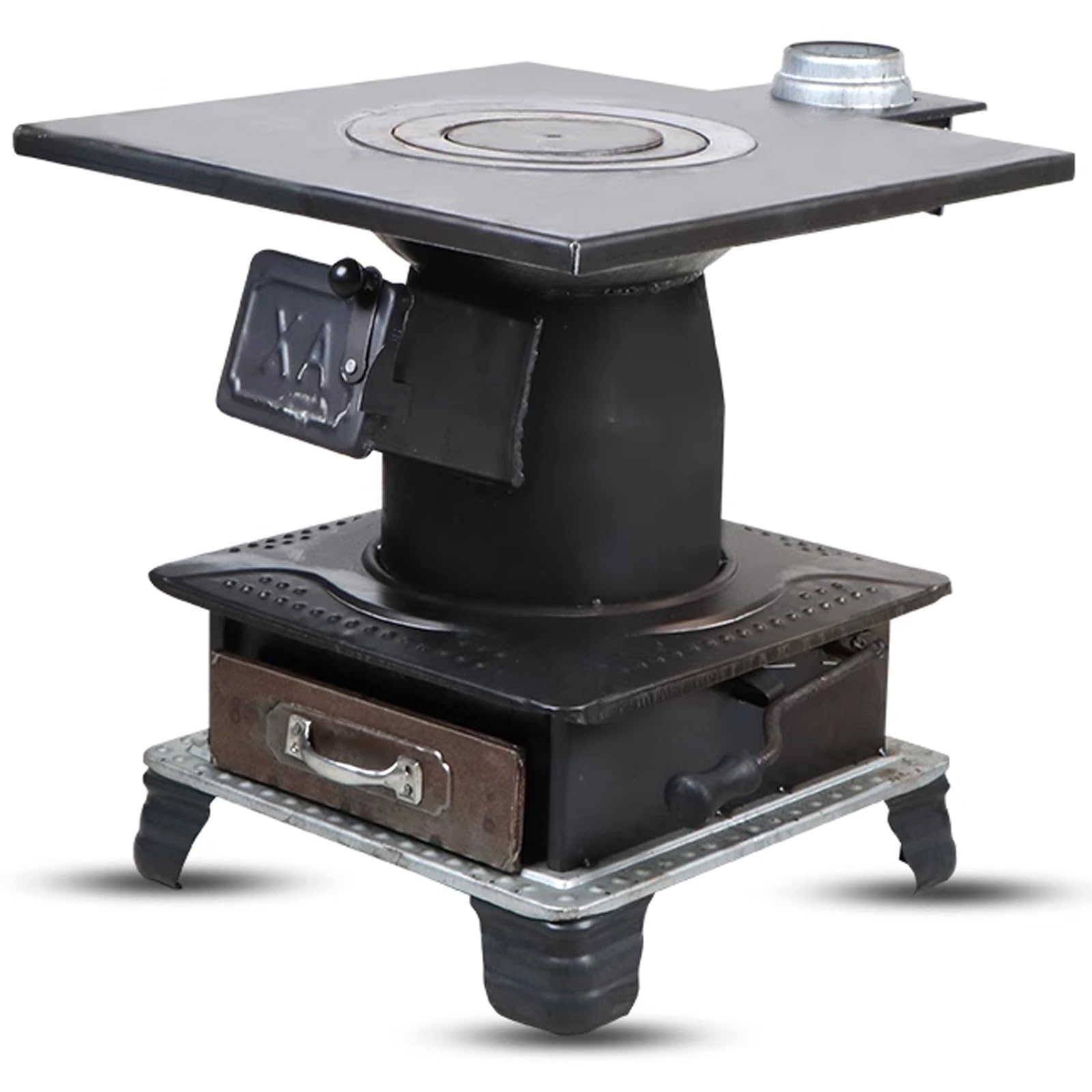 Cast Iron Wood Burning Stove for Camping & Home Heating - Hand Welded Wood Stove with Stabilized Legs & Large Gray Box | Perfect for Outdoor Adventures, Emergency Heating & Backyard Cooking