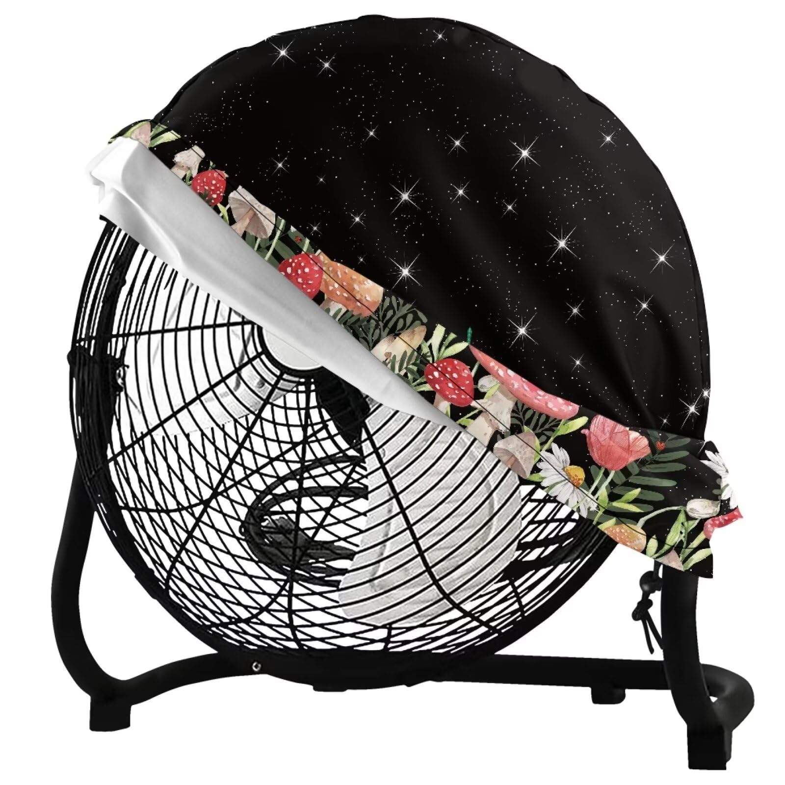 Waterproof Dustproof Industrial Outdoor Floor Fan Cover with Drawstring - Daisy Mushroom & Dragonfly Round Design for Patio, Garage, Workshop, and Poolside Use
