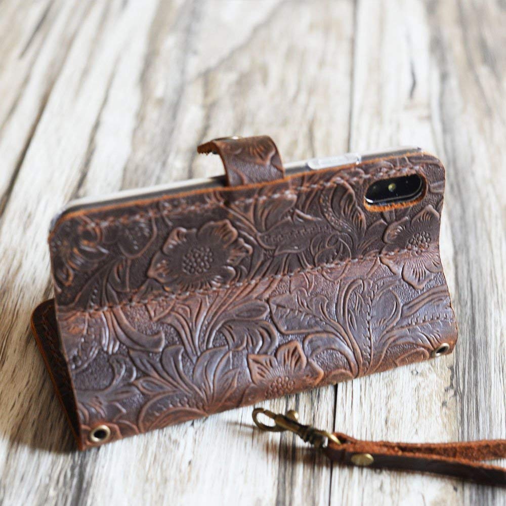 Handmade Leather Wallet Case with Wristlet for iPhone 16/16 Plus/16 Pro/16 Pro Max - Tooled Flower Brown Design | Premium Phone Cover with Card Slots & RFID Protection | Perfect for Daily Use, Travel & Gifts