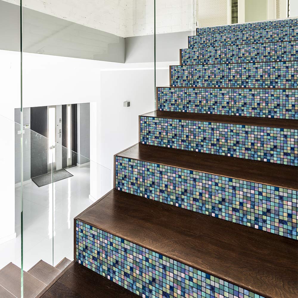 Funlife 14Pcs Peel and Stick Staircase Decorative Contact Paper - Self-Adhesive Mosaic Wallpaper for Stairs, Kitchen Shelves & Drawer Liners (7.08