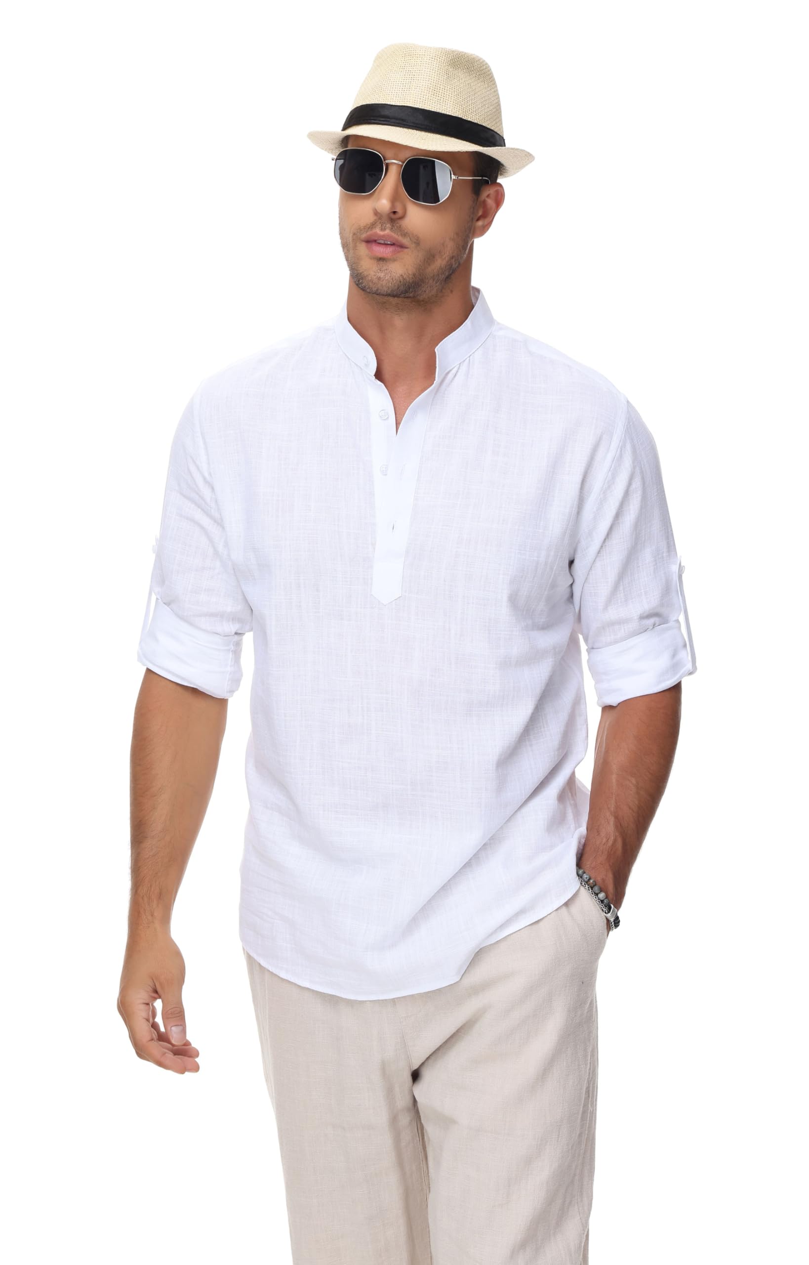Men's Cotton Linen Shirts - Casual Lightweight Long Sleeve Henley Beach Shirts | Hawaiian Style Summer T-Shirts for Outdoor Activities, Vacations & Relaxation