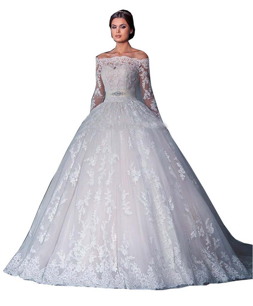 Elegant Long Sleeve Lace Wedding Dress for Women - White Ball Gown Bridal Dress for Church Ceremony & Romantic Outdoor Weddings