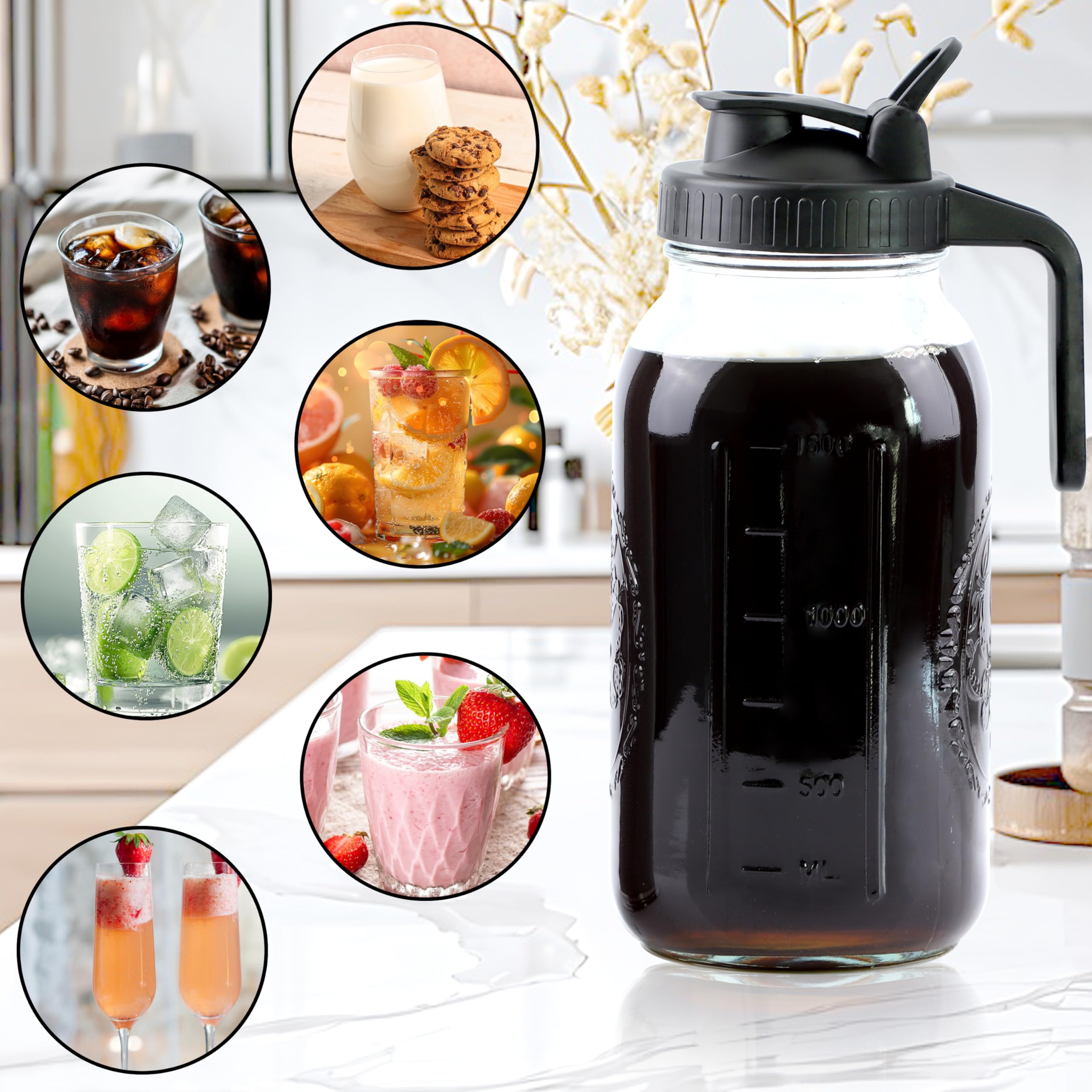 64 Oz Cold Brew Coffee Maker Set - 2 Half Gallon Glass Pitchers with Pour Spout Lids & Strainer - Wide Mouth Mason Jar for Iced Coffee, Lemonade, Milk - Perfect for Refrigerator Storage & Home Brewing