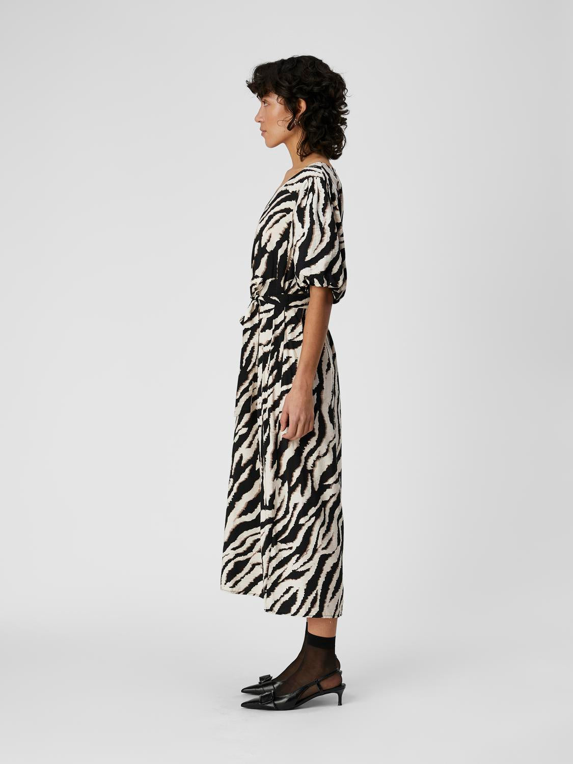 CIANNA V Neck Dress for Women - Elegant Sands Shell & Black Color - Perfect for Office, Party, and Special Occasions