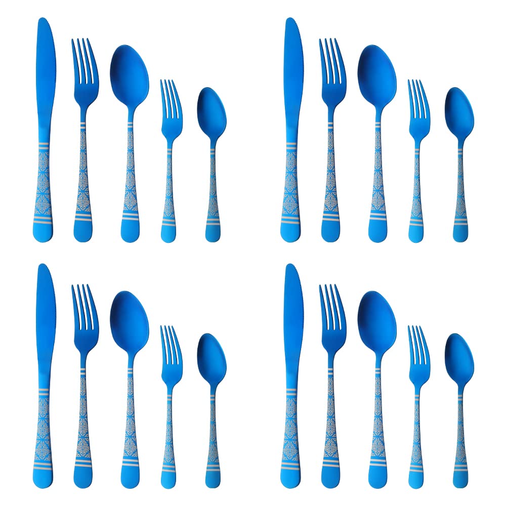 20-Piece Blue Hammered Flatware Set for 4 - Stainless Steel Cutlery with Unique Pattern Design (Dinner Knives, Forks, Spoons) - Mirror Polish & Dishwasher Safe - Perfect for Christmas Gifts, Dinner Parties, and Home Decor