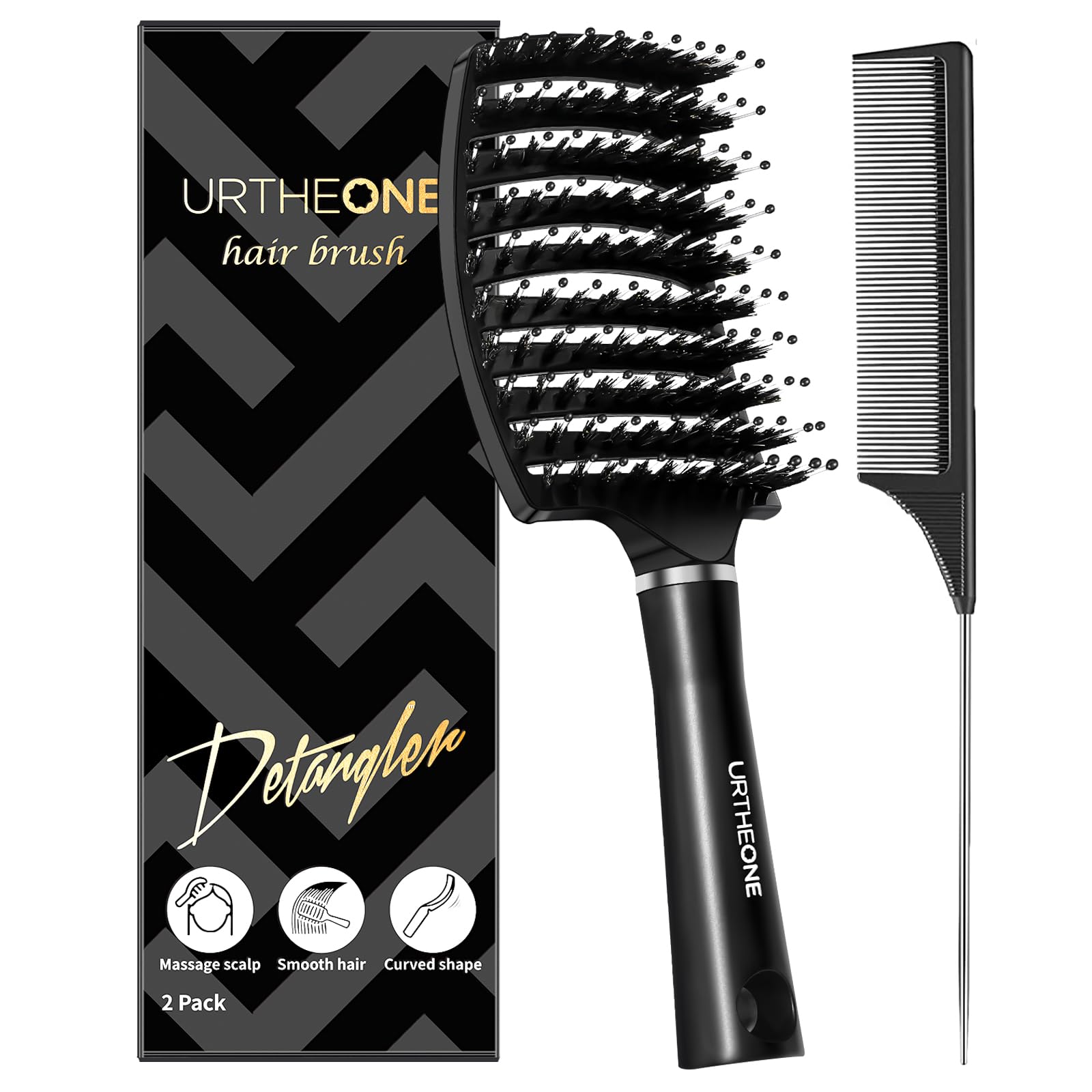 Boar Bristle Detangling Hairbrush for Women, Men & Kids – Smoothing Brush for Curly, Thick, Long or Short Hair – Wet & Dry Use – Curved Vented Design for Faster Blow Drying – Perfect for Home, Travel & Salon Styling (Black)