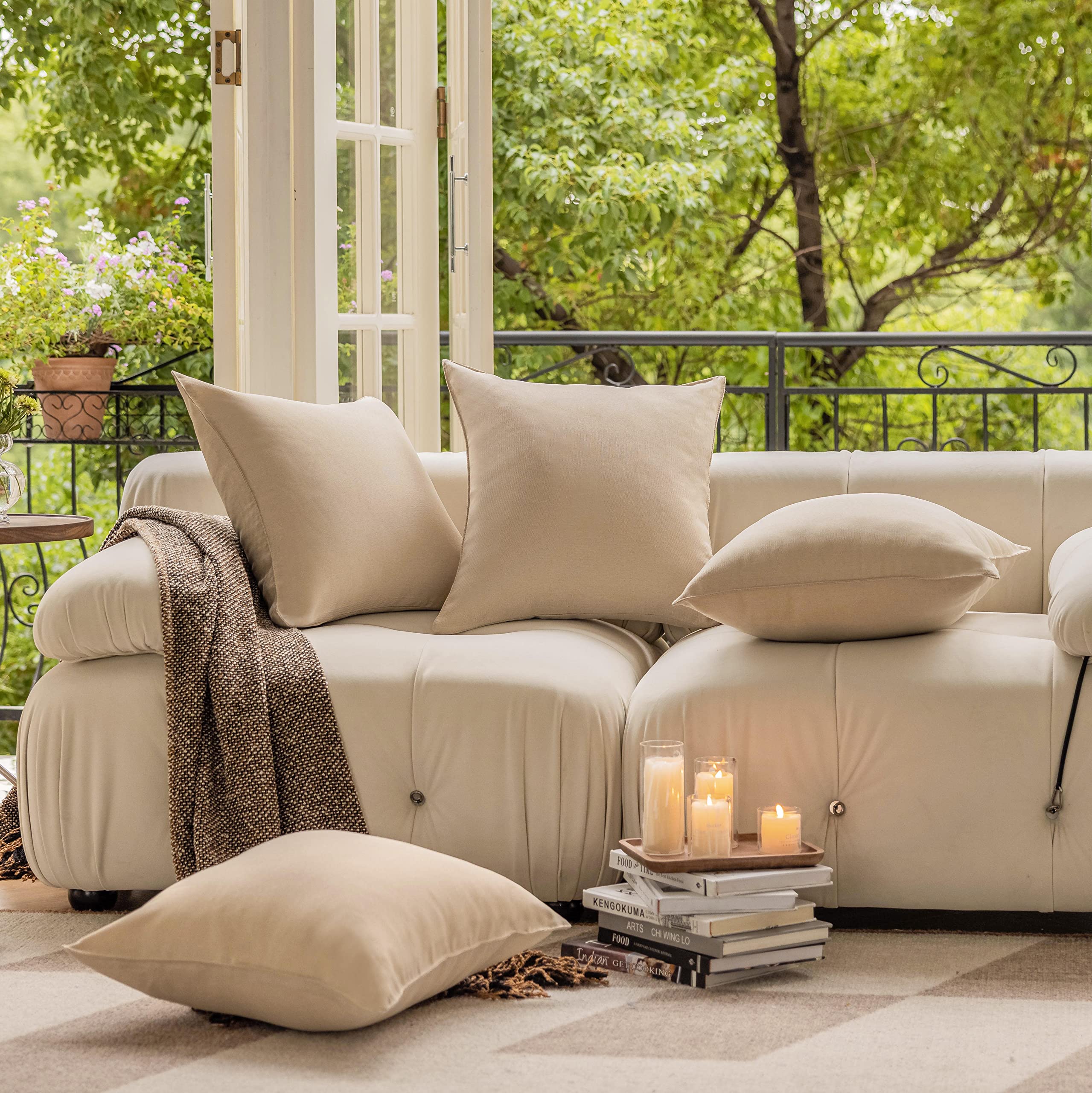Demetex Waterproof 20x20 Inch Outdoor Pillow Covers Set of 4 - Decorative Beige Throw Pillow Covers for Sofa, Couch & Patio Furniture - Perfect for Outdoor Living, Backyard Decor & Weatherproof Home Accents